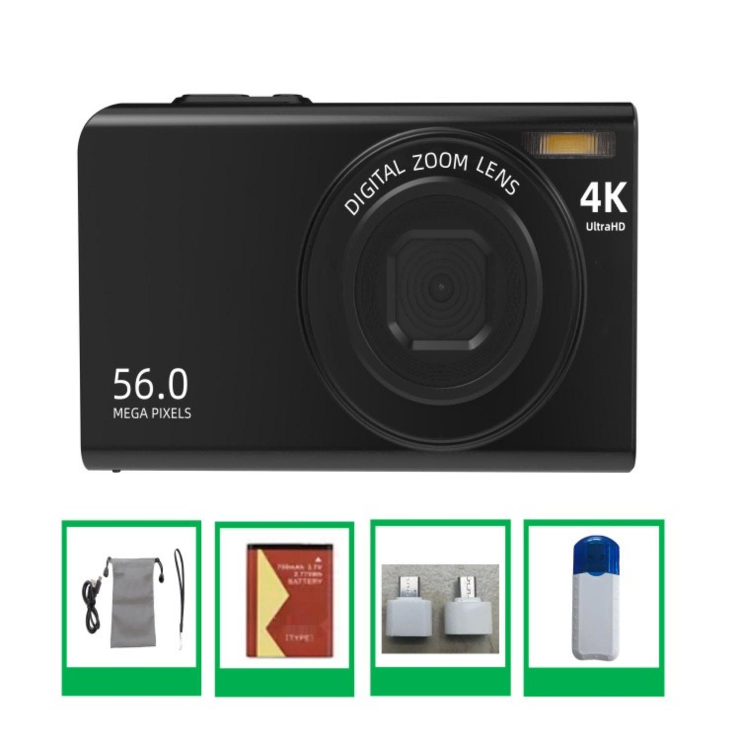 Eine schwarze Digitalkamera mit '56.0 MEGA PIXELS' und '4K UltraHD' und Zubehör darunter.