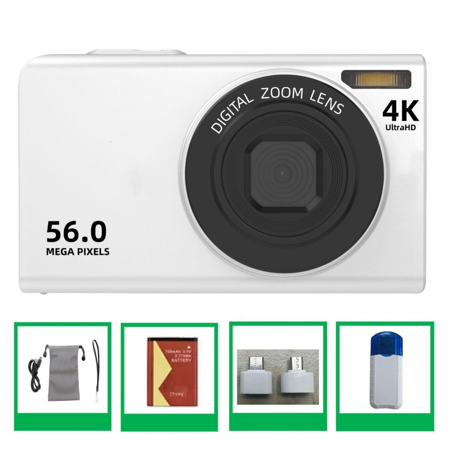 Eine weiße Digitalkamera mit '56.0 MEGA PIXELS' und '4K UltraHD' und Zubehör darunter.