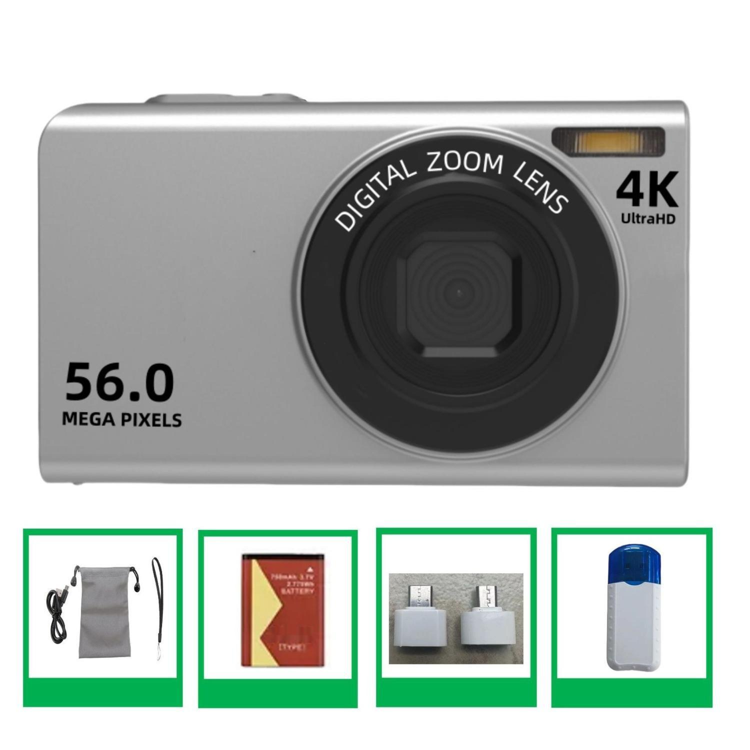 Silberne Digitalkamera mit schwarzem Objektiv, 56,0 Megapixel und 4K UltraHD. Zubehör enthalten.