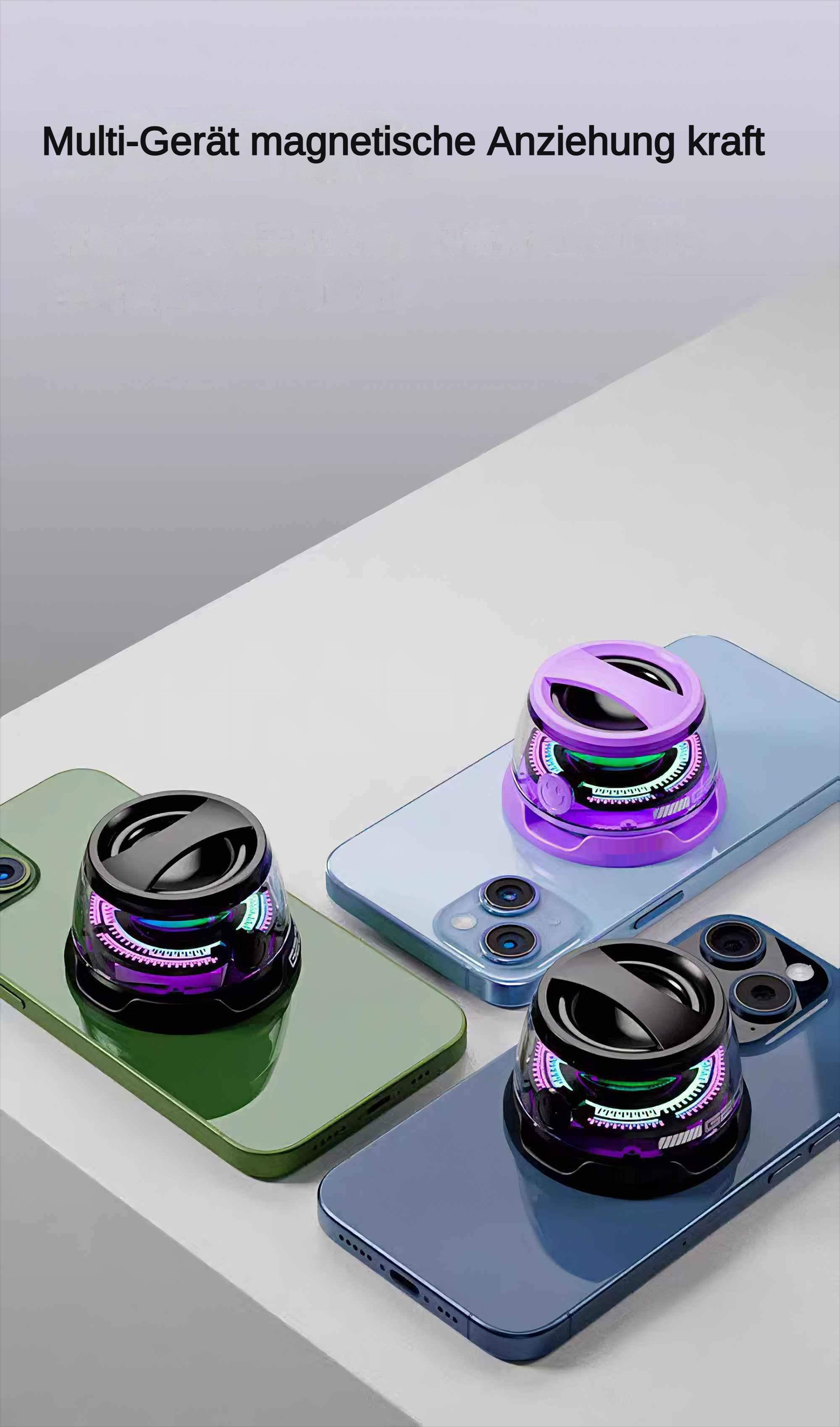 Drei magnetische Lautsprecher auf unterschiedlich farbigen Telefonen.