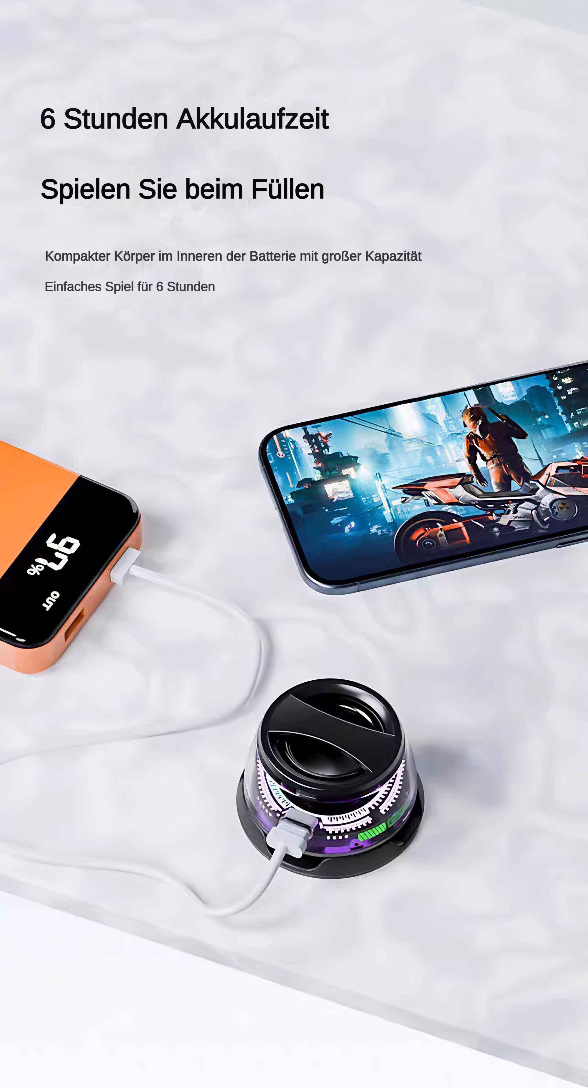 Ein Telefon und ein Ladegerät befinden sich auf einer weißen Oberfläche. Deutscher Text: '6 Stunden Akkulaufzeit' und 'Spielen Sie beim Füllen'.