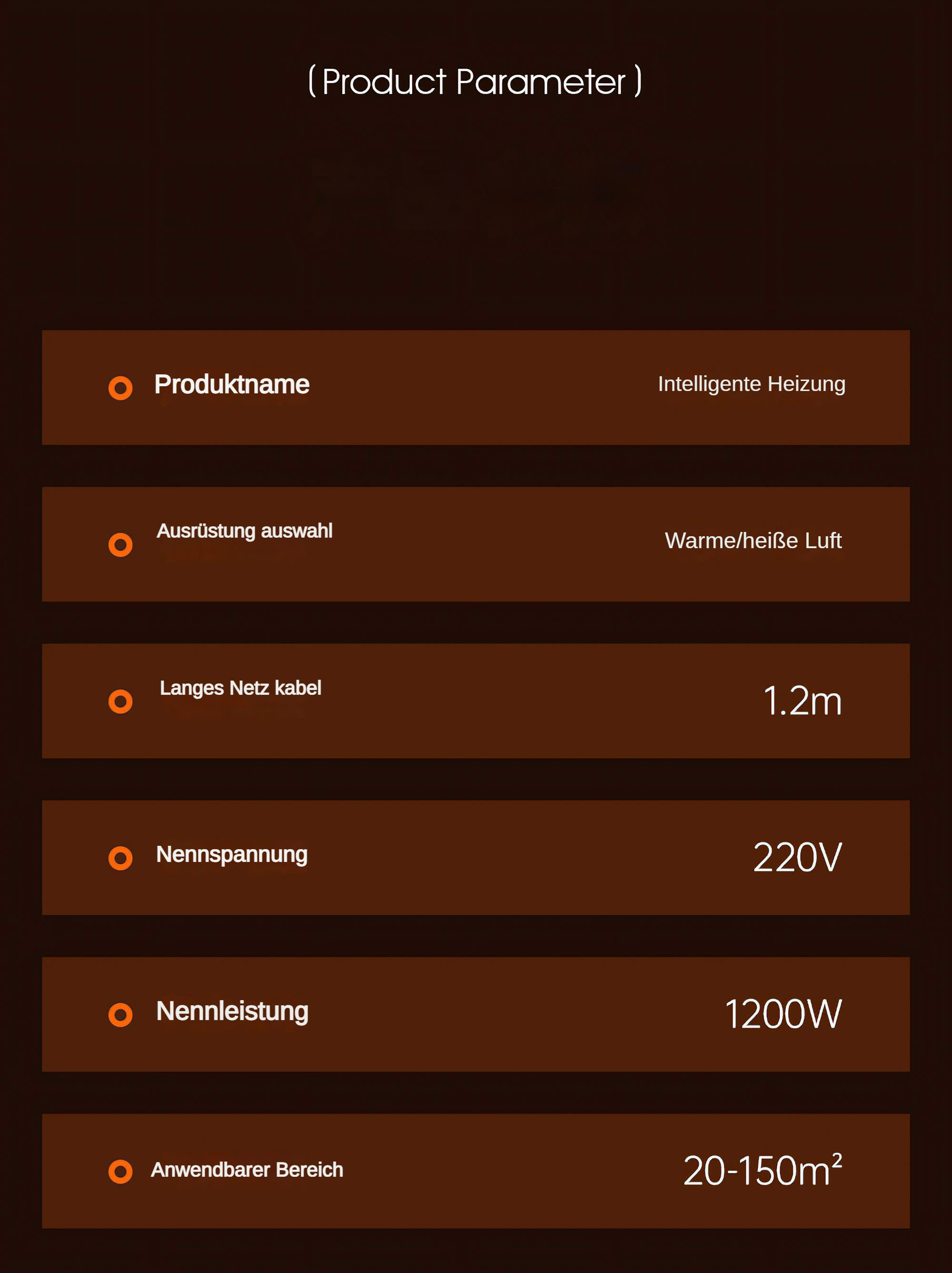 Produkttabelle mit Details: Produktname, Ausrüstung, Kabel, Spannung, Leistung und Bereich.