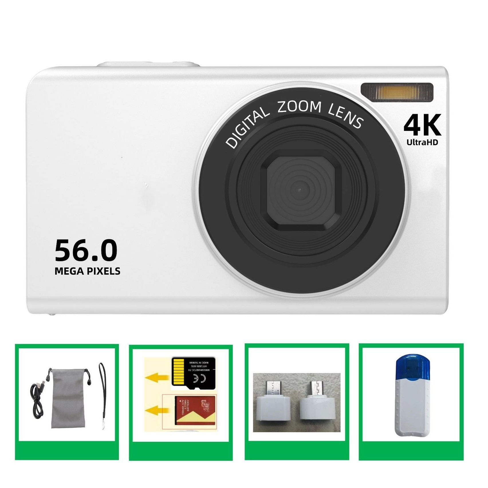 Weiße Digitalkamera mit schwarzem Objektiv, 56,0 Megapixel und 4K UltraHD. Inklusive Zubehör.