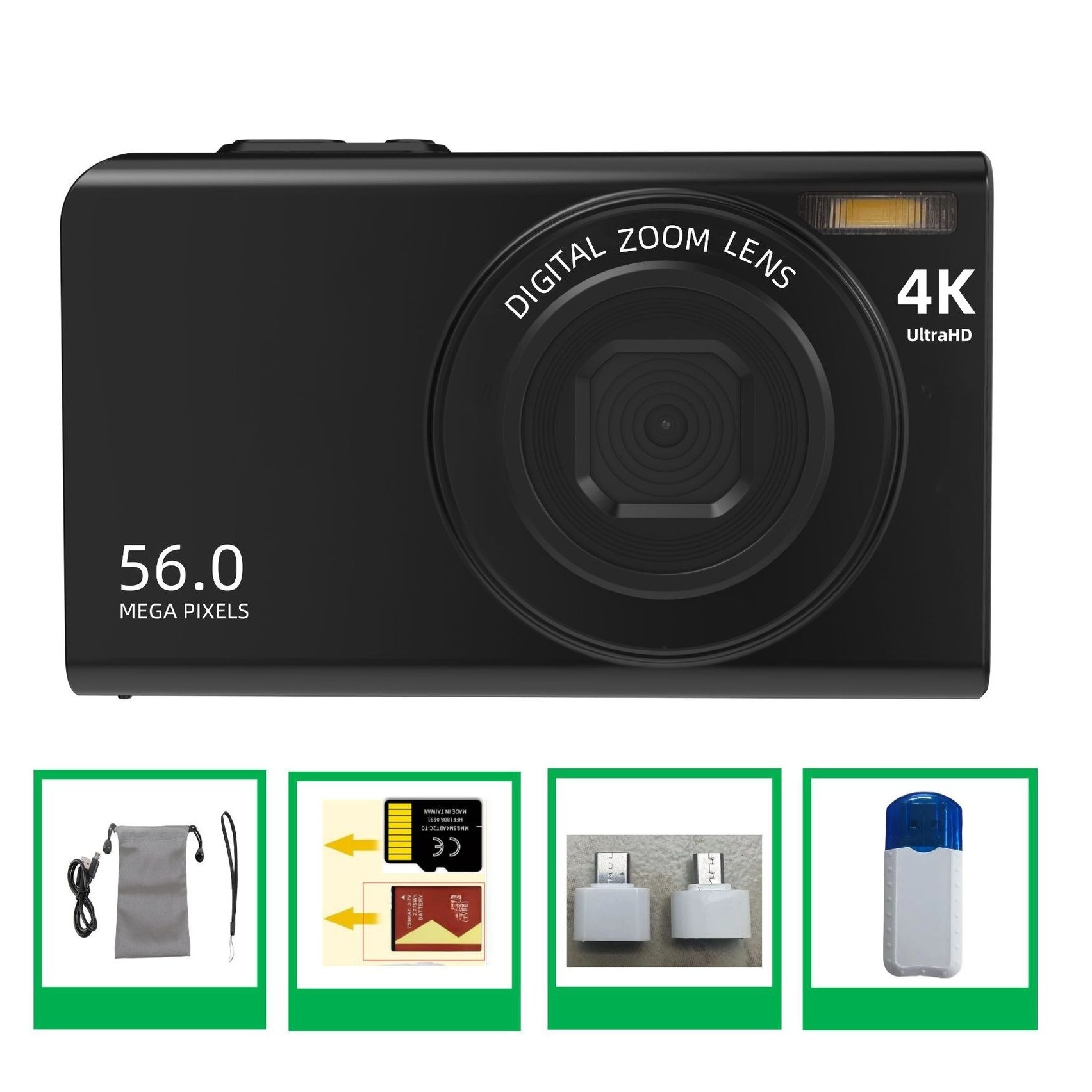 Schwarze Kamera mit 'DIGITAL ZOOM LENS' und '4K UltraHD'-Text, mit Zubehör.