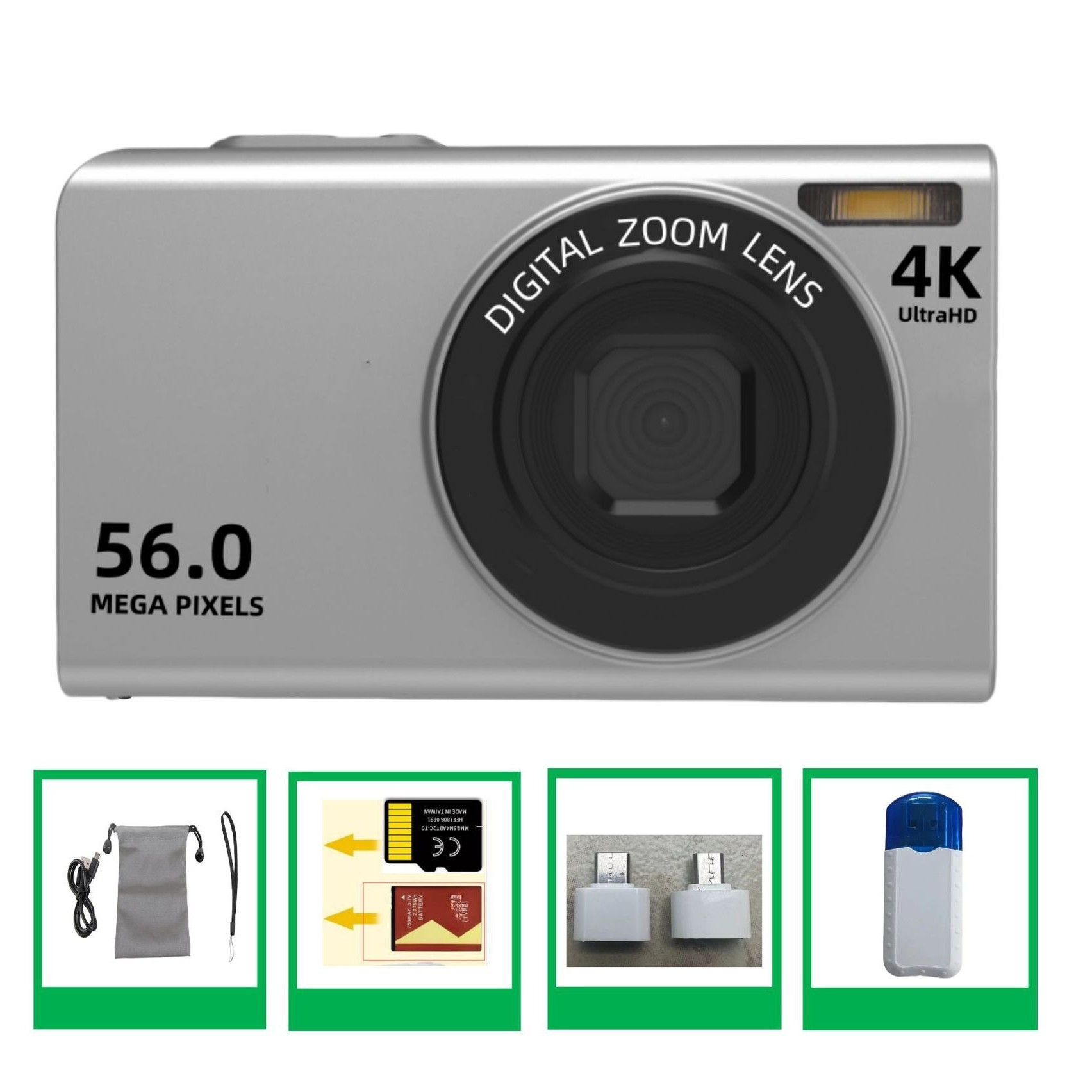Silberne Digitalkamera mit schwarzem Objektiv, 56,0 Megapixel und 4K UltraHD. Zubehör enthalten.
