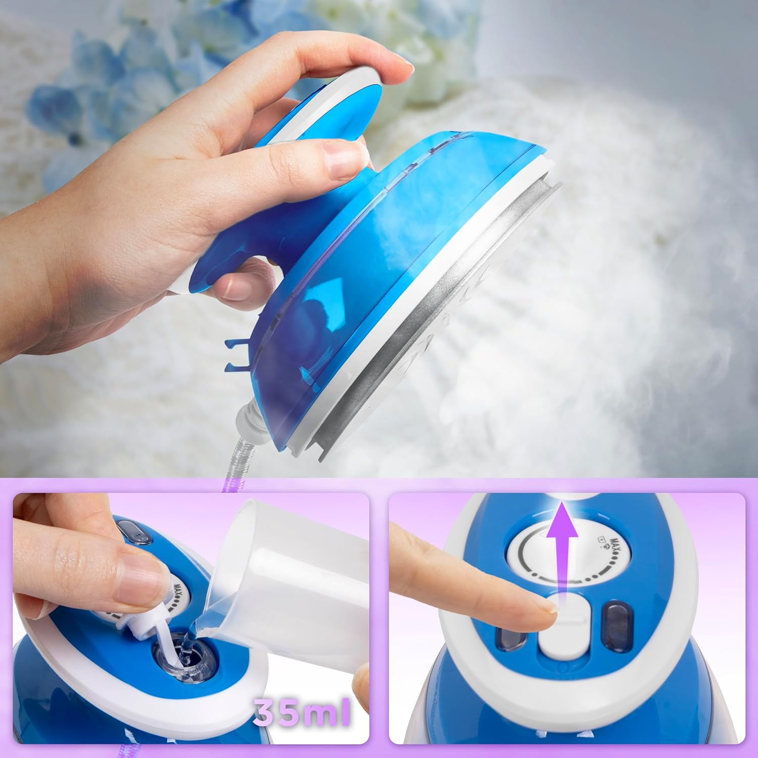 Eine Hand, die ein blaues Bügeleisen mit Wasser füllt, und ein Finger, der einen Knopf drückt.