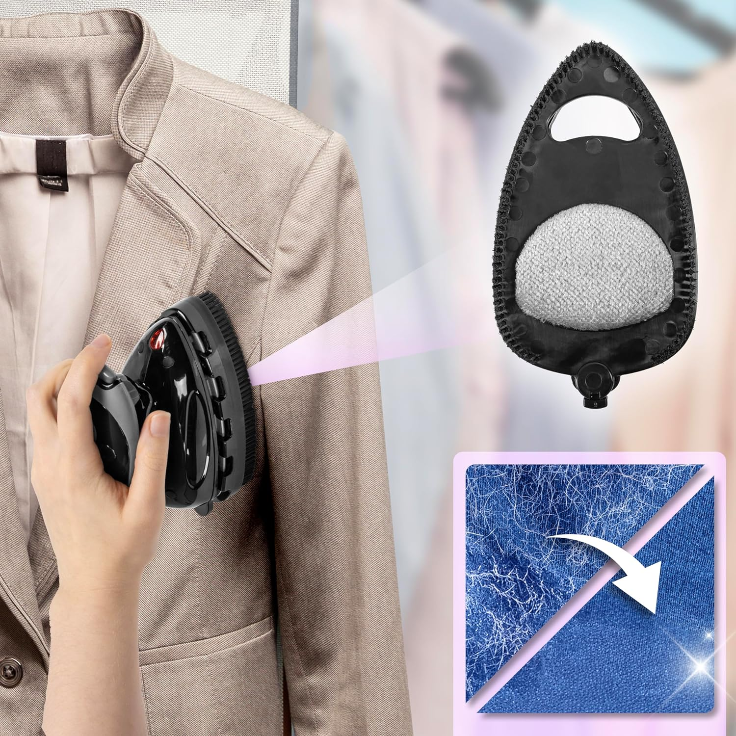 Eine Person, die ein schwarzes Bügeleisen auf einem beigen Blazer verwendet. Eine Dampfbürste befindet sich rechts.