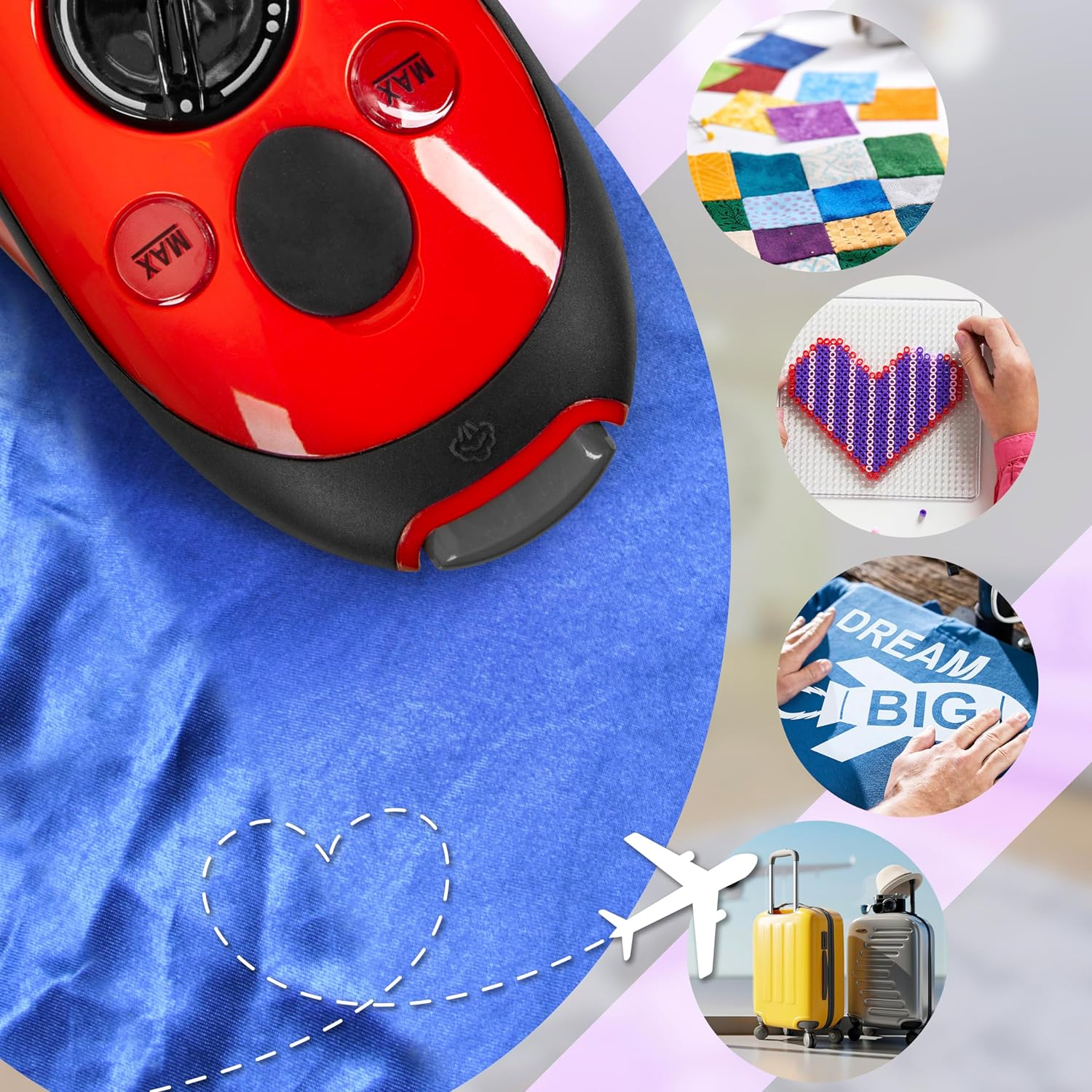 Rotes Bügeleisen auf blauem Stoff, mit Bastel-Elementen drumherum. Ein Herz, ein Quilt und Gepäck sind gezeigt.