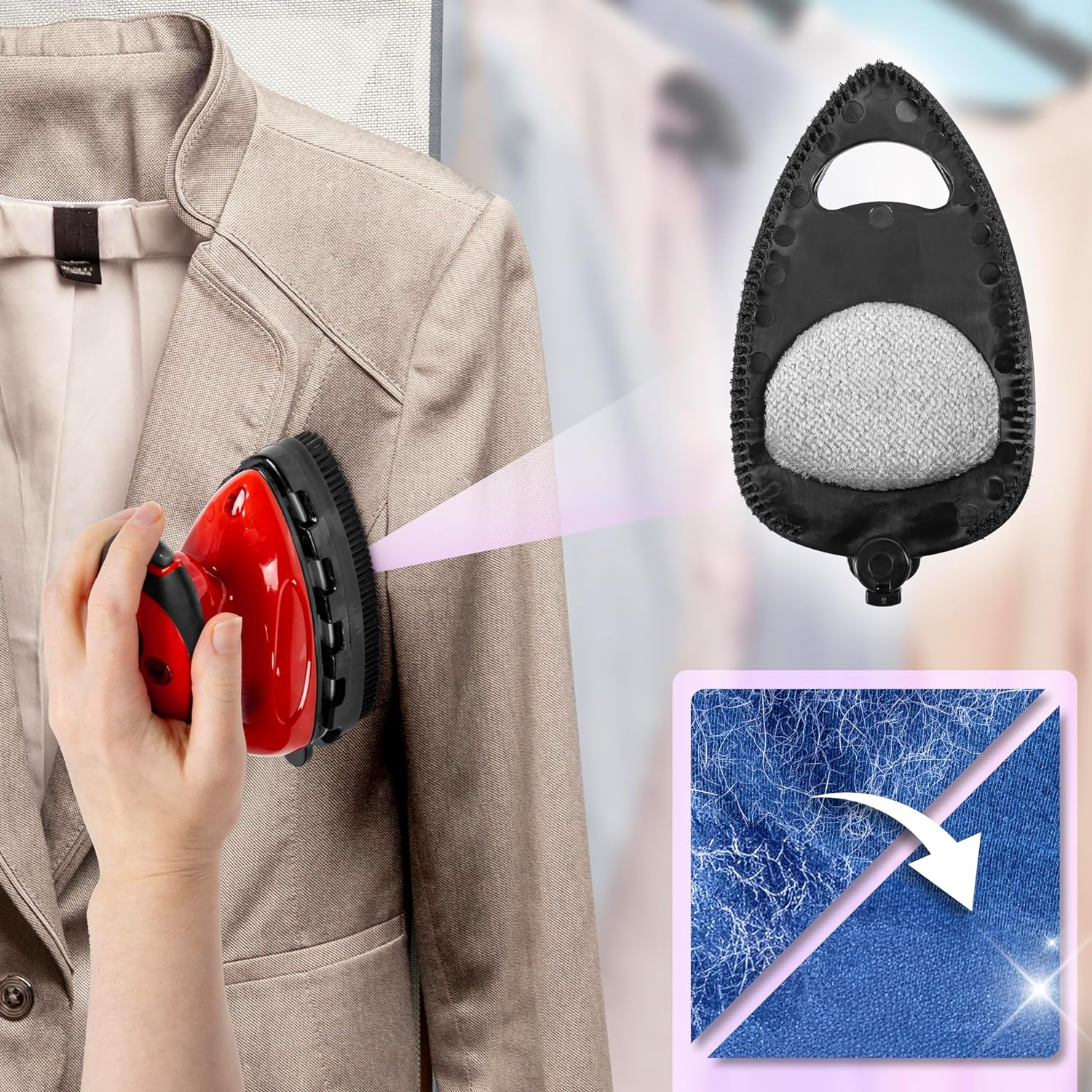 Eine Person, die ein rotes Bügeleisen auf einem beigen Blazer verwendet. Eine Dampfbürste befindet sich rechts.
