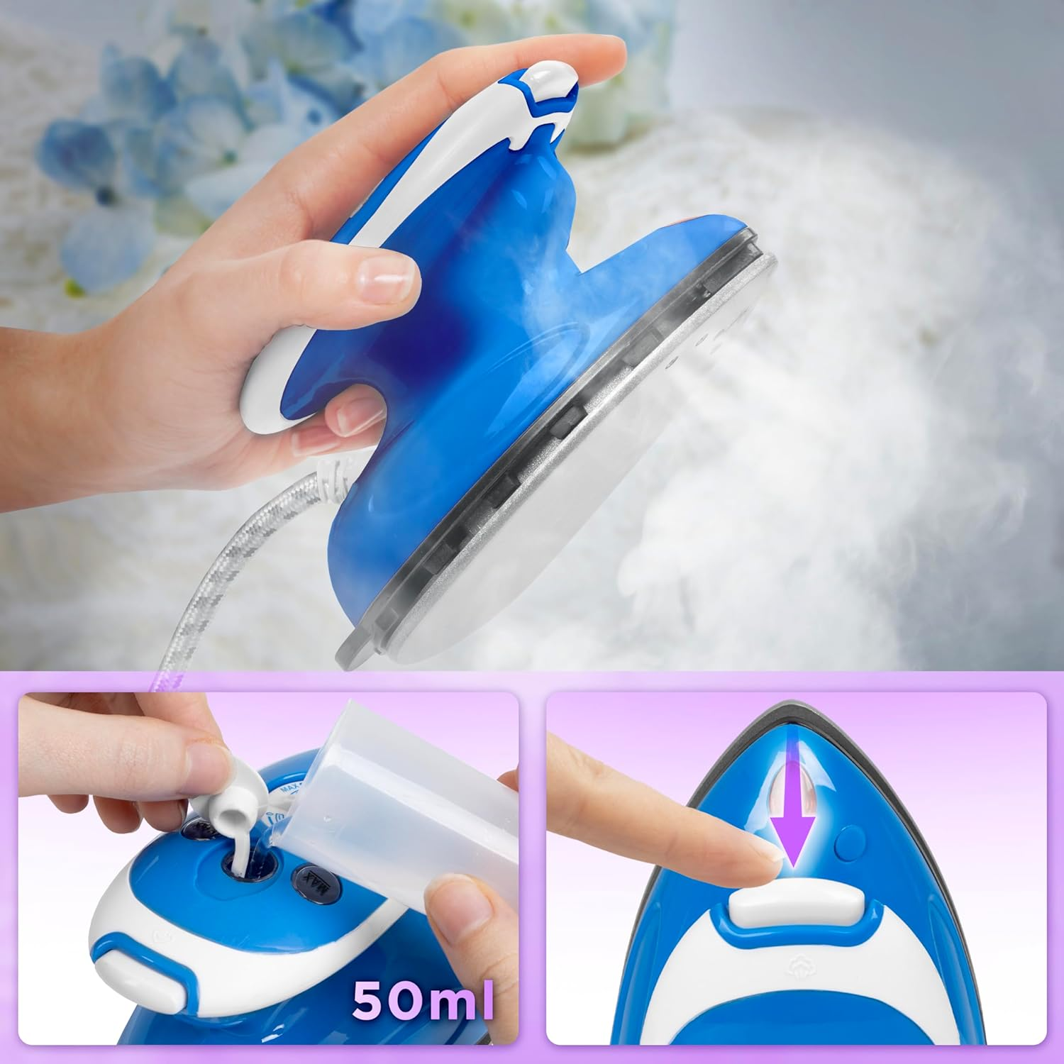 Eine Hand, die ein blaues Bügeleisen mit Wasser füllt, und ein Finger, der einen Knopf drückt.