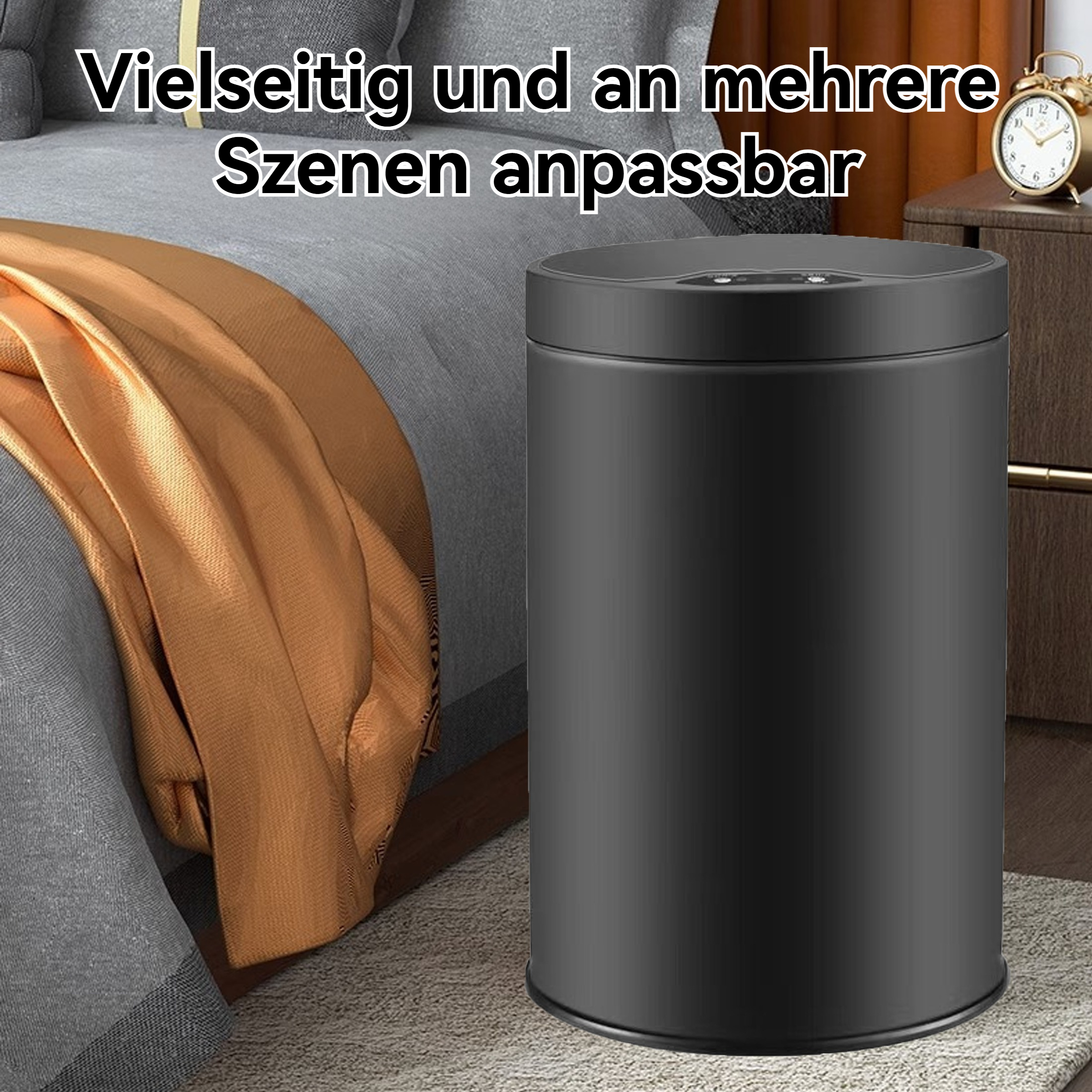 Schwarzer Mülleimer auf einem Teppich. Text sagt „Vielseitig und an mehrere Szenen anpassbar“ auf Deutsch.