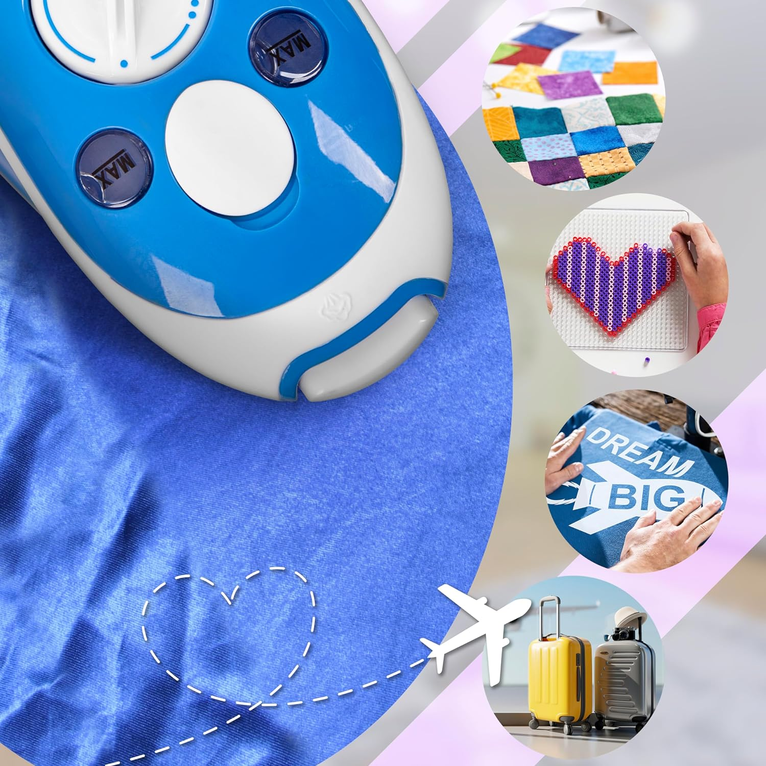 Blaues Bügeleisen auf blauem Stoff, mit Bastel-Elementen drumherum. Ein Herz, ein Quilt und Gepäck sind gezeigt.