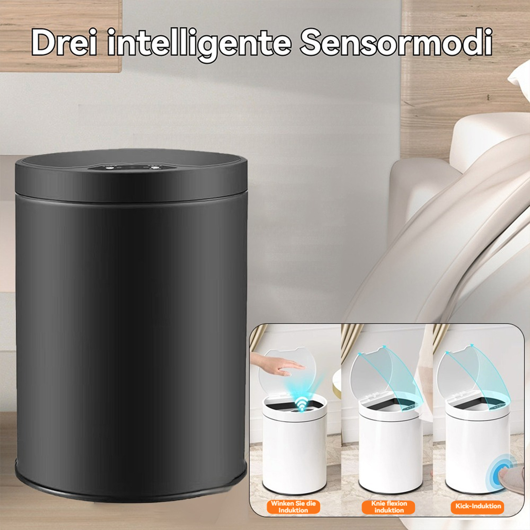 Ein schwarzer Mülleimer mit drei kleineren Bildern, die verschiedene Sensormodi zeigen. Textbeschriftungen sind enthalten.