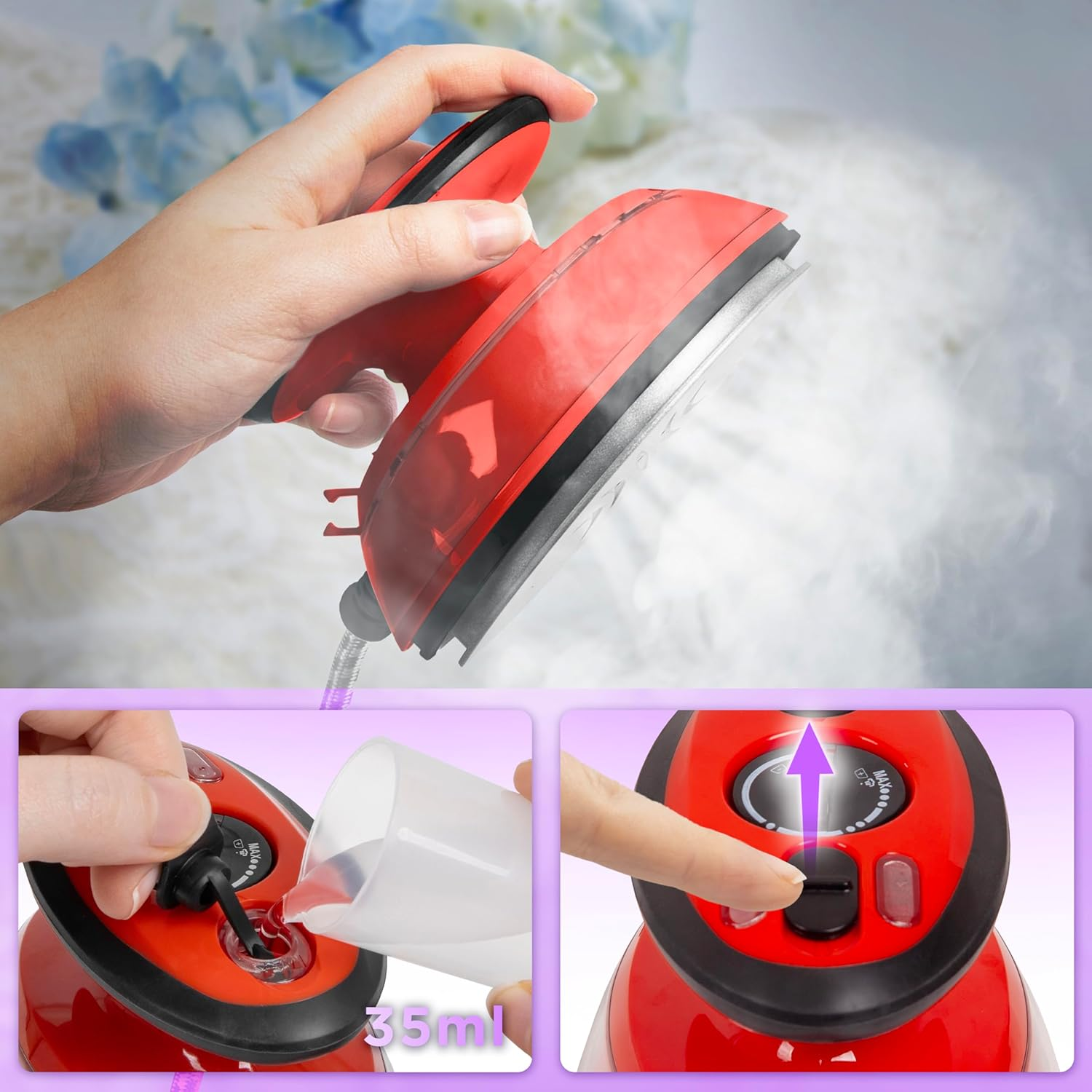 Ein rotes Bügeleisen dämpft Kleidung. Eine Hand hält es. Zwei kleinere Bilder zeigen Wasserfüllung und Knopfdruck.