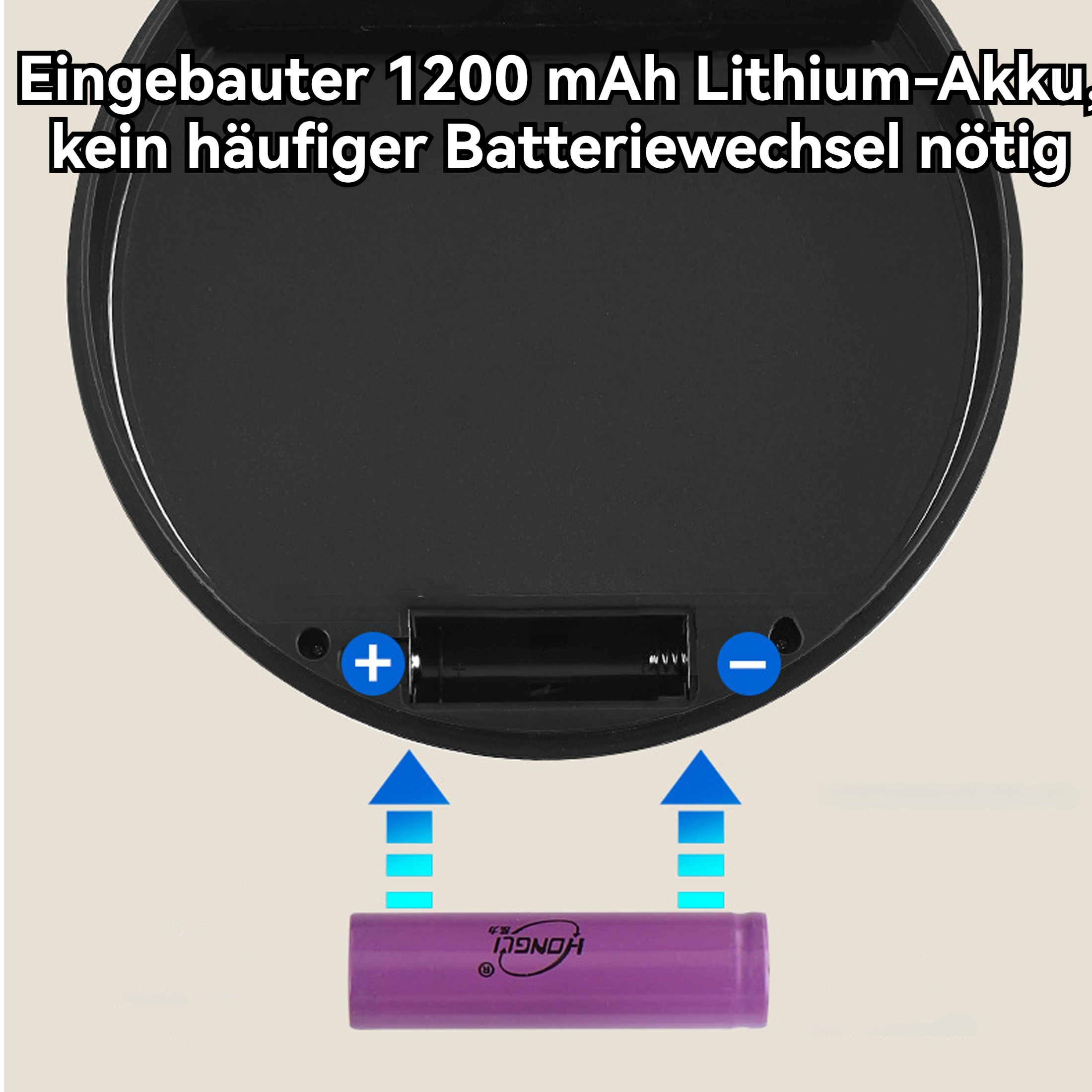 Ein schwarzes Gerät mit einer Batterie im Inneren. Das Bild enthält Pfeile und Text, der die Batterie hervorhebt.