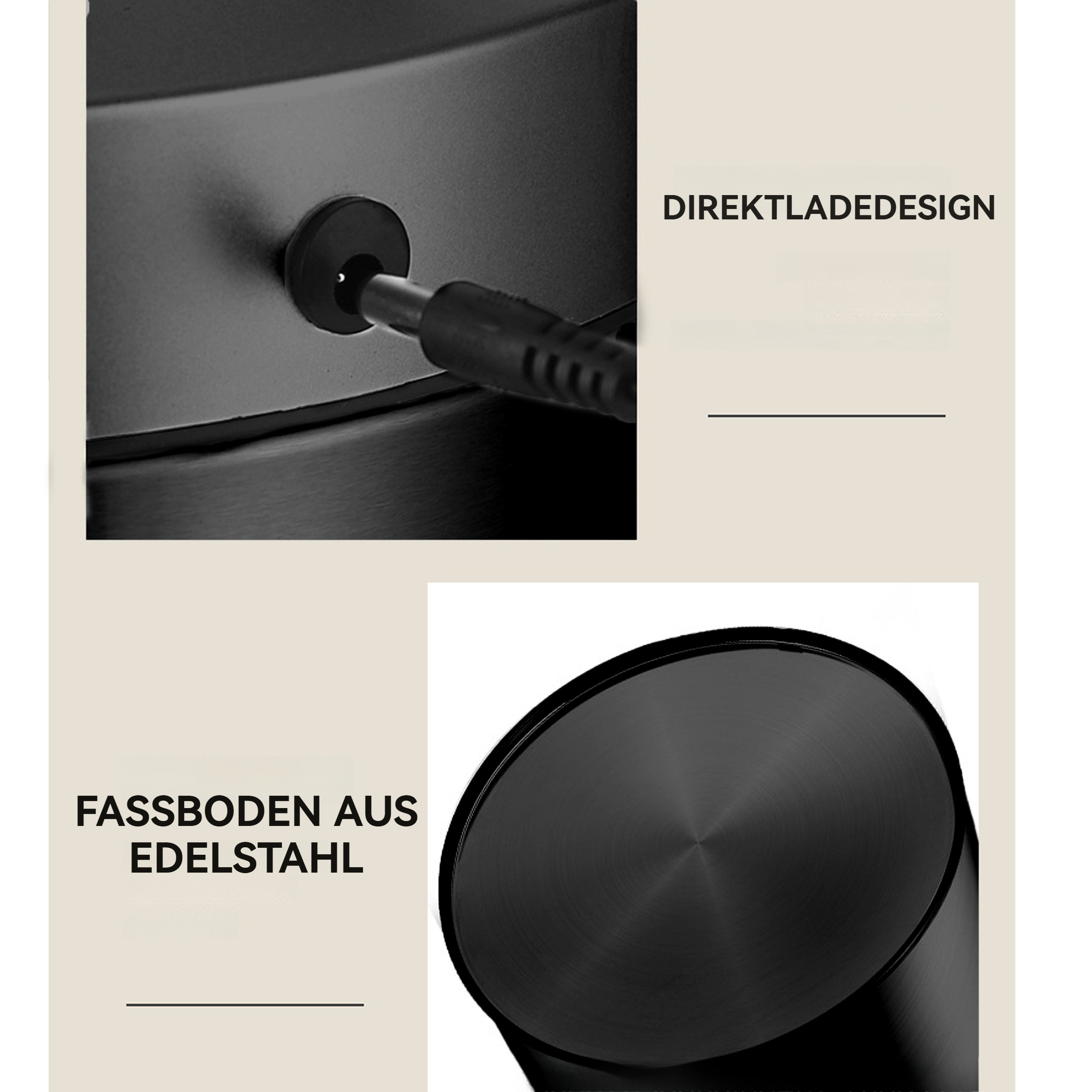 Nahaufnahme eines schwarzen Geräts mit Ladeanschluss und Edelstahlbasis. Textbeschriftungen sind vorhanden.