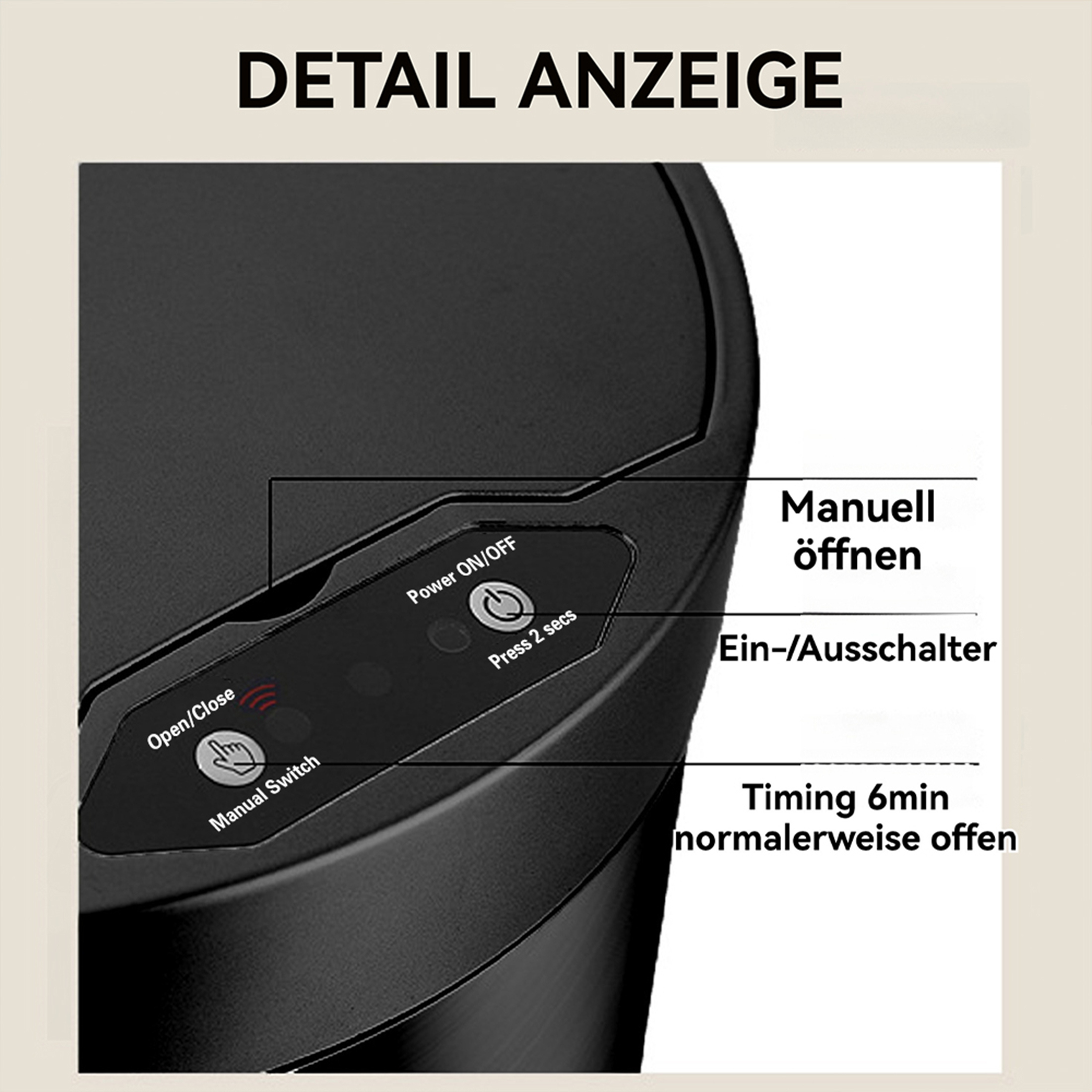 Nahaufnahme eines schwarzen Mülleimerdeckels mit Bedienelementen: Öffnen/Schließen, Ein/Aus, Timing.