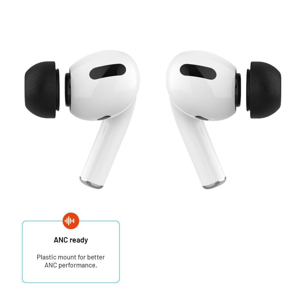 Weiße AirPods Pro mit schwarzen Ohrstöpseln, Text über ANC Ready.