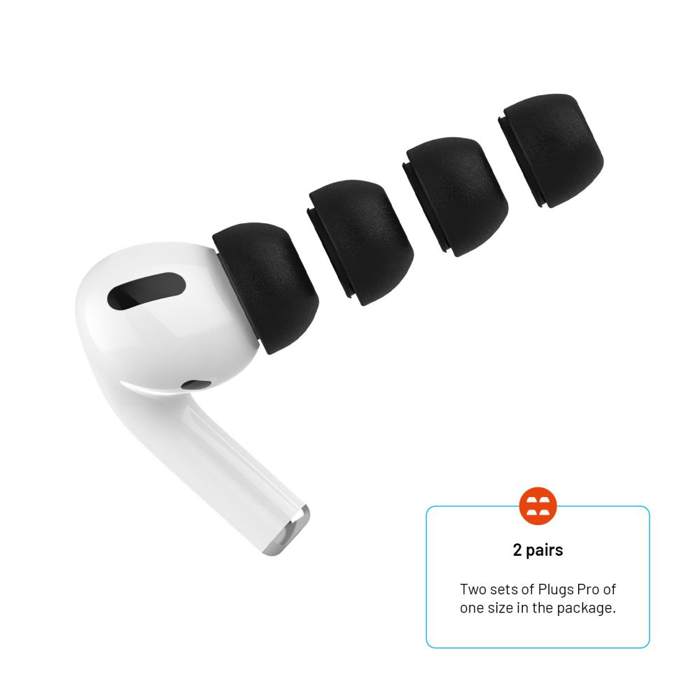 Zwei Sätze schwarzer Ohrstöpsel für AirPods Pro werden neben dem AirPod angezeigt. Verpackung zeigt Text.