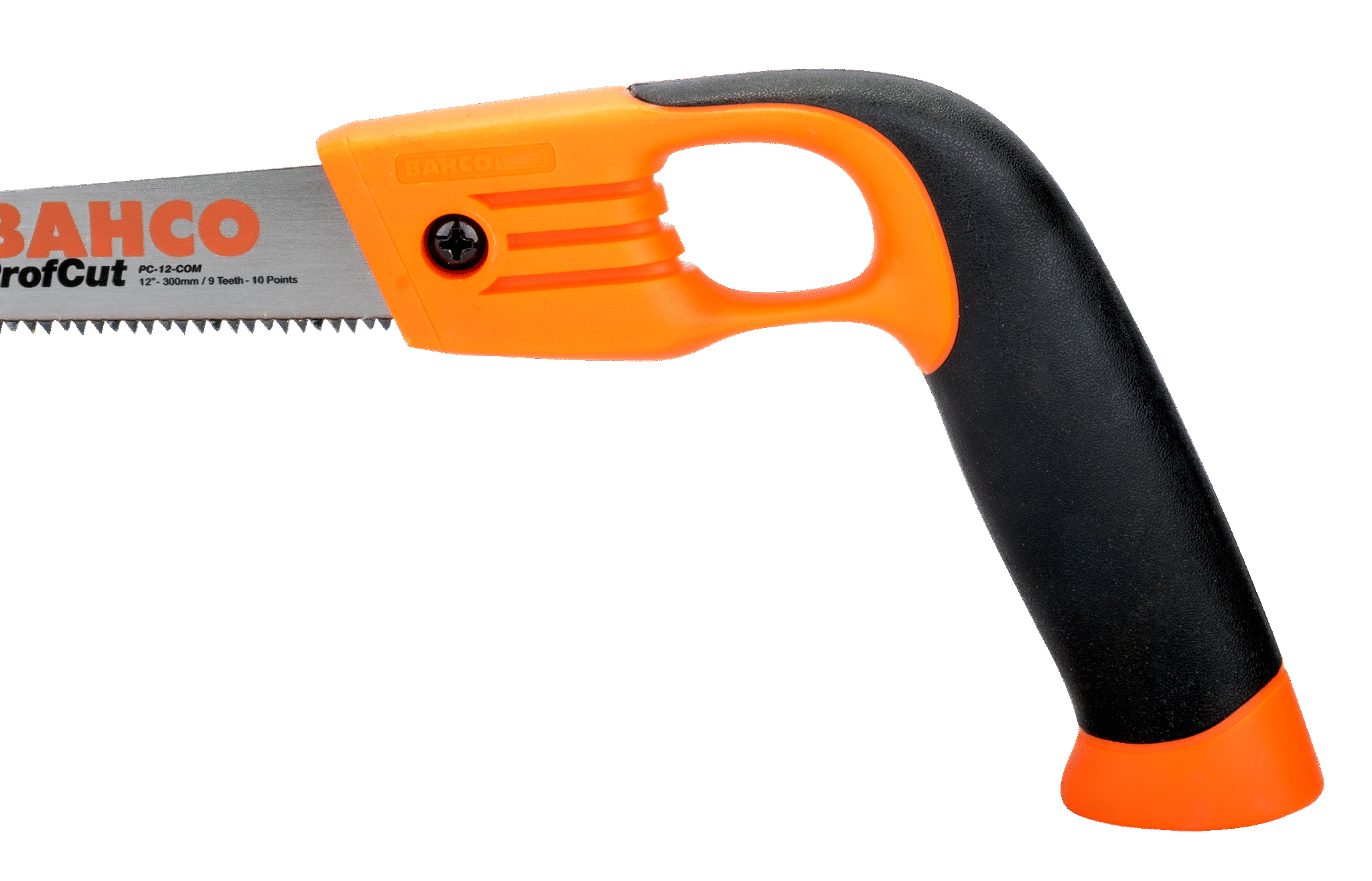 Handsäge mit orangefarbenem Griff und schwarzem Griff. Silberne Klinge mit dem Wort BAHCO sichtbar.