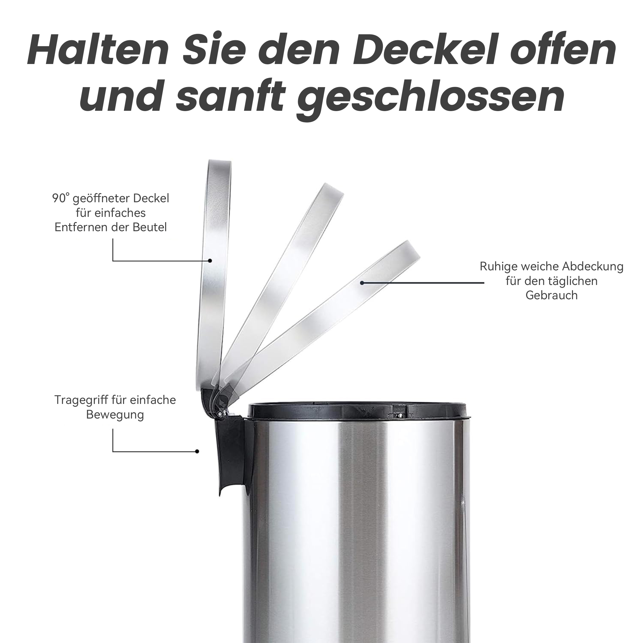 Silberner Mülleimer mit leicht geöffnetem Deckel. Anweisungen auf Deutsch. Zeigt Deckel, Griff und Fußpedal.