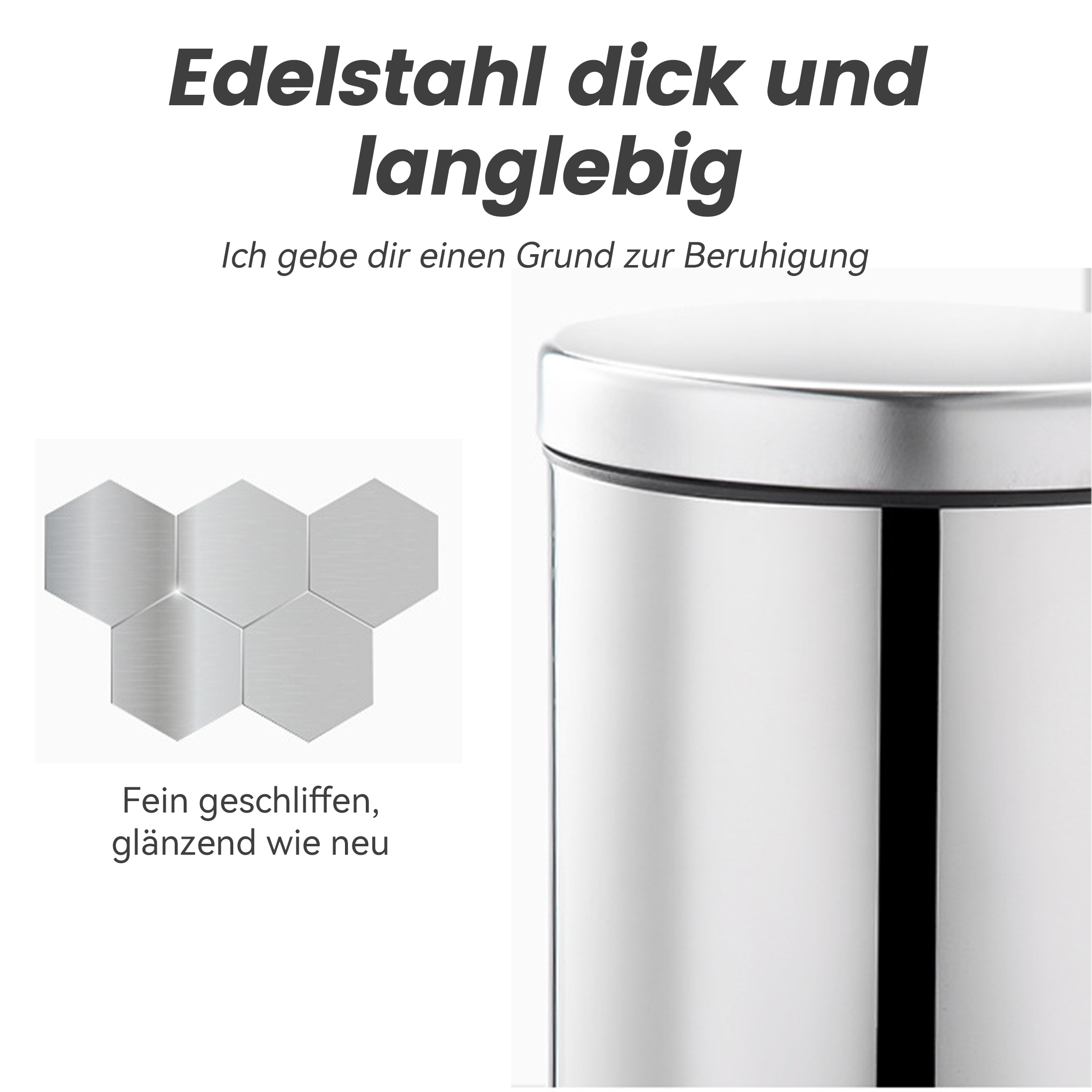 Nahaufnahme eines silbernen Mülleimers. Text auf Deutsch. Zeigt den Deckel und einen kleinen Teil des Körpers.