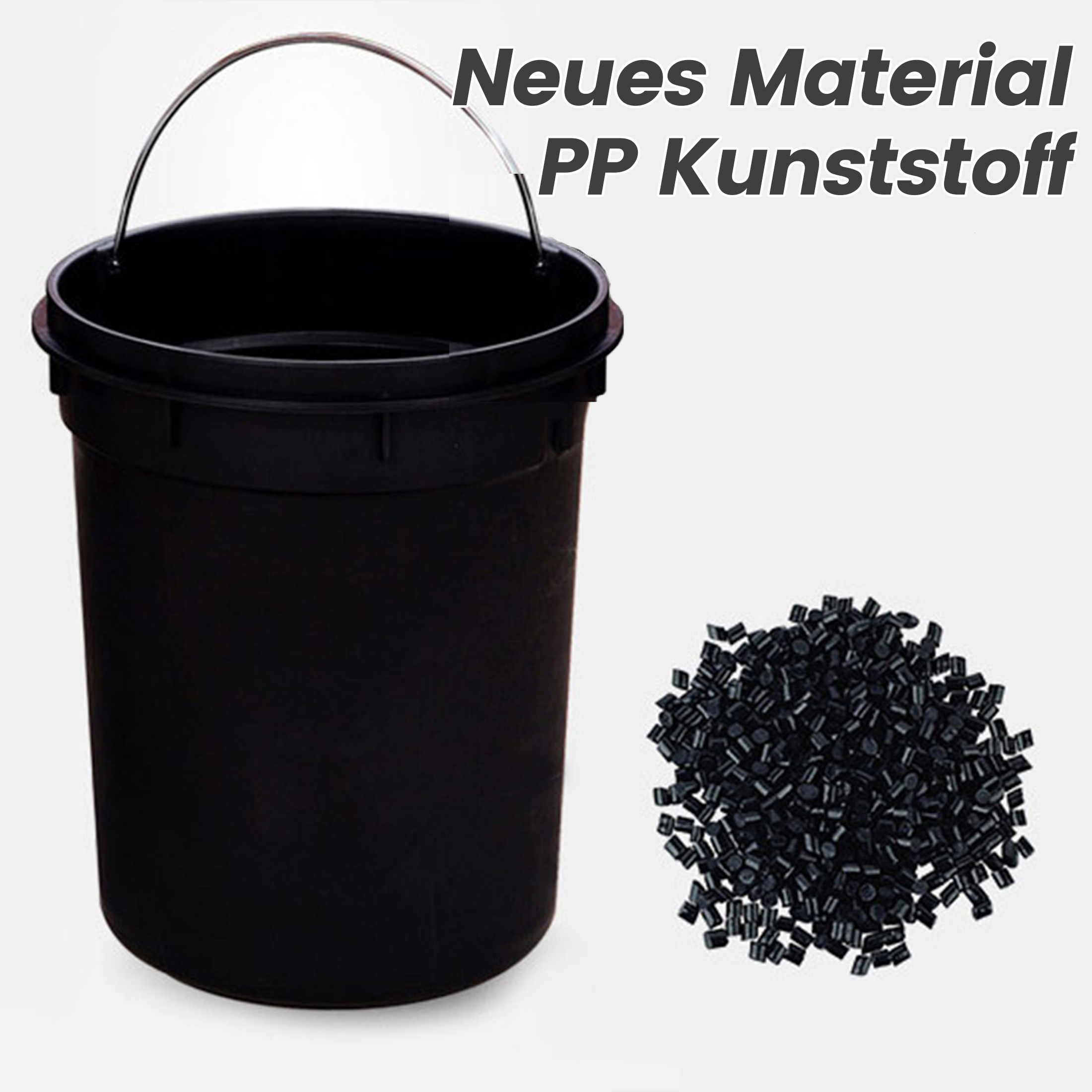Schwarzer Eimer mit Metallgriff. Text daneben: 'Neues Material PP Kunststoff' und ein Haufen schwarzer Kunststoff.
