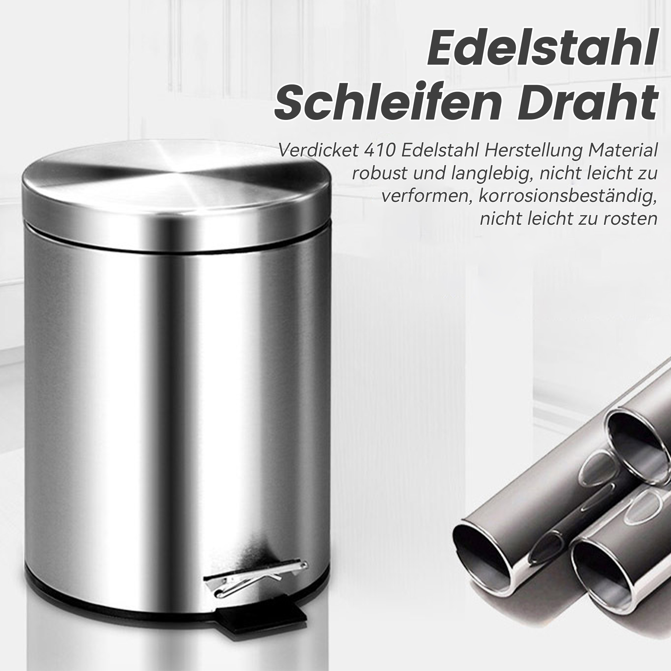 Silberner Mülleimer, Nahaufnahme. Text auf Deutsch. Zeigt das Fußpedal, den Deckel und ein paar Metallrohre.