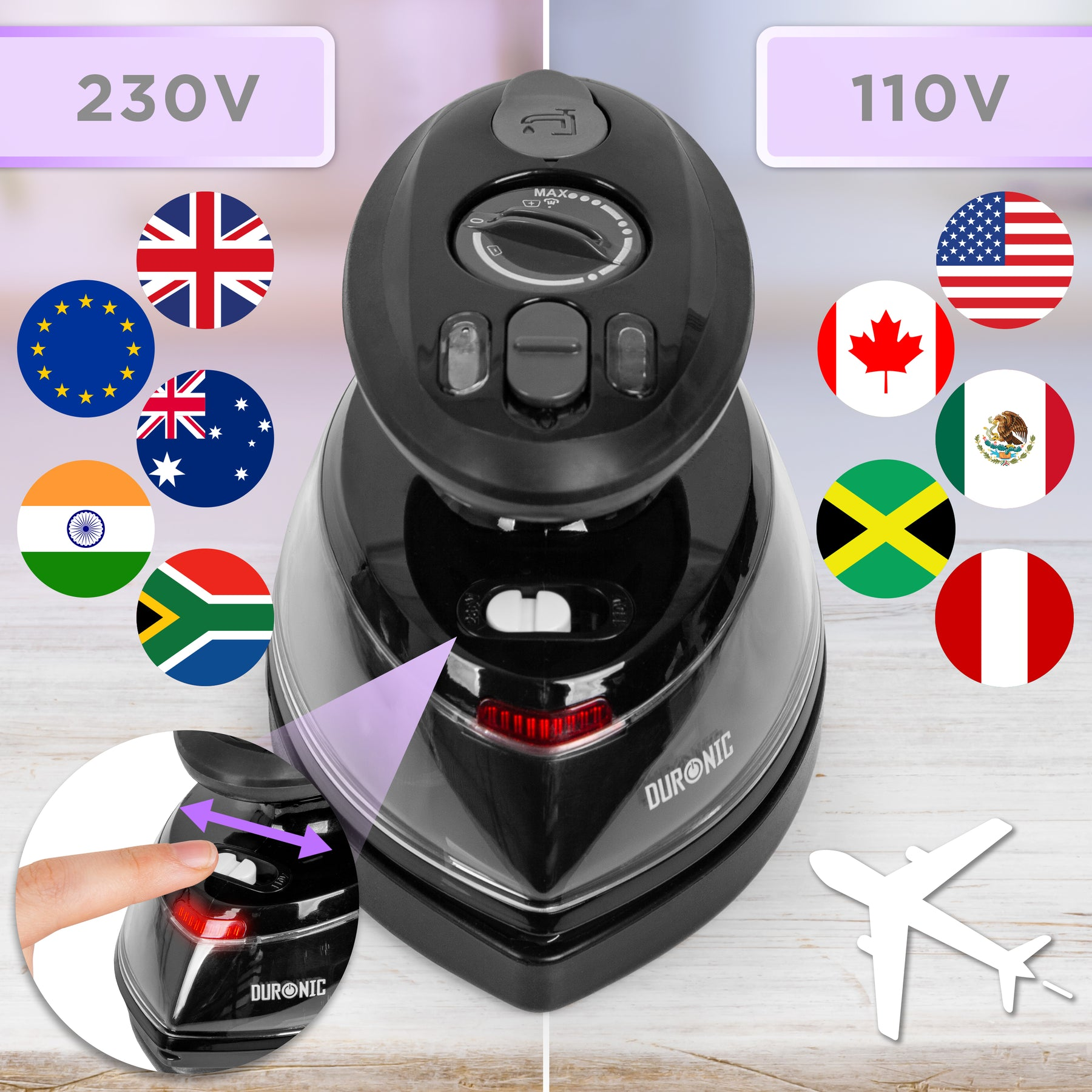 Schwarzes Bügeleisen mit Flaggen, die die Spannungskompatibilität anzeigen. Enthält EU, UK, Indien, Australien, USA, Kanada, Mexiko, Jamaika und Peru.