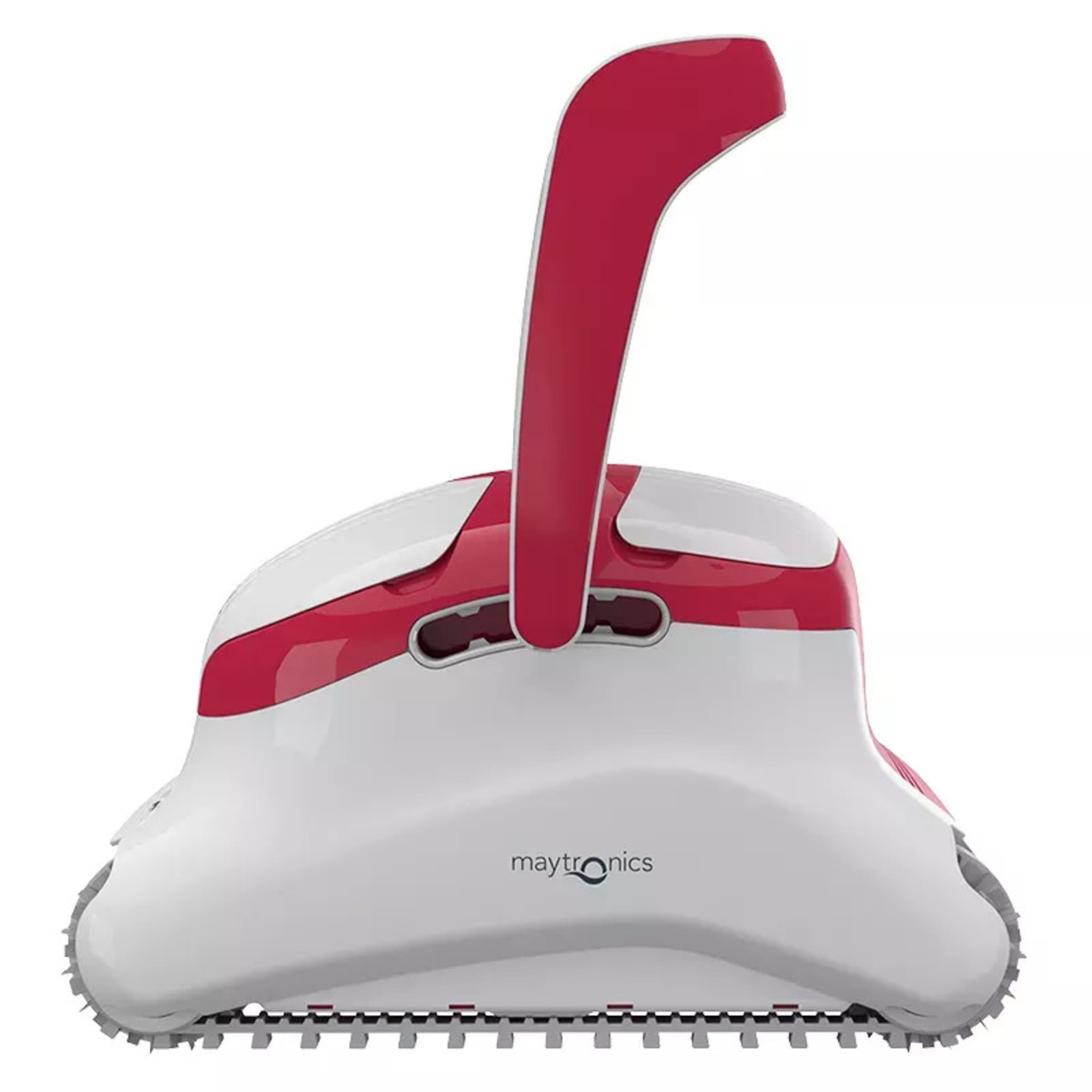 Robot limpiador de piscinas blanco y rojo, vista superior. El nombre 'ACTIVE XS' está escrito en la parte superior.
