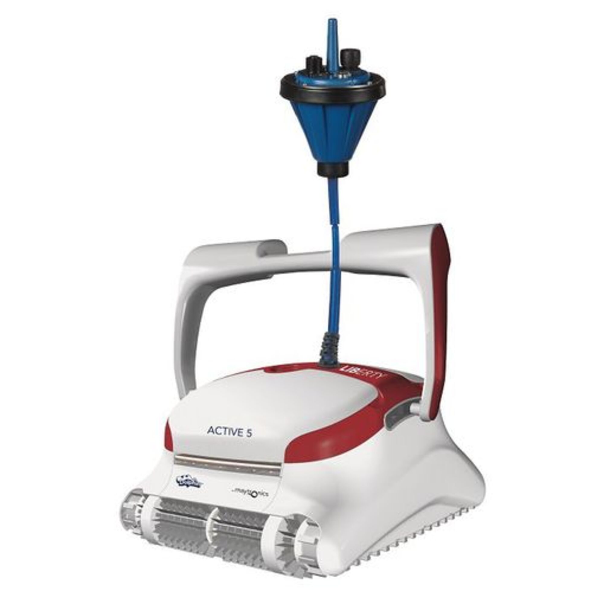 Robot limpiador de piscinas con un accesorio azul. El robot es blanco y rojo y tiene el nombre 'ACTIVE 5 LIBERTY'.
