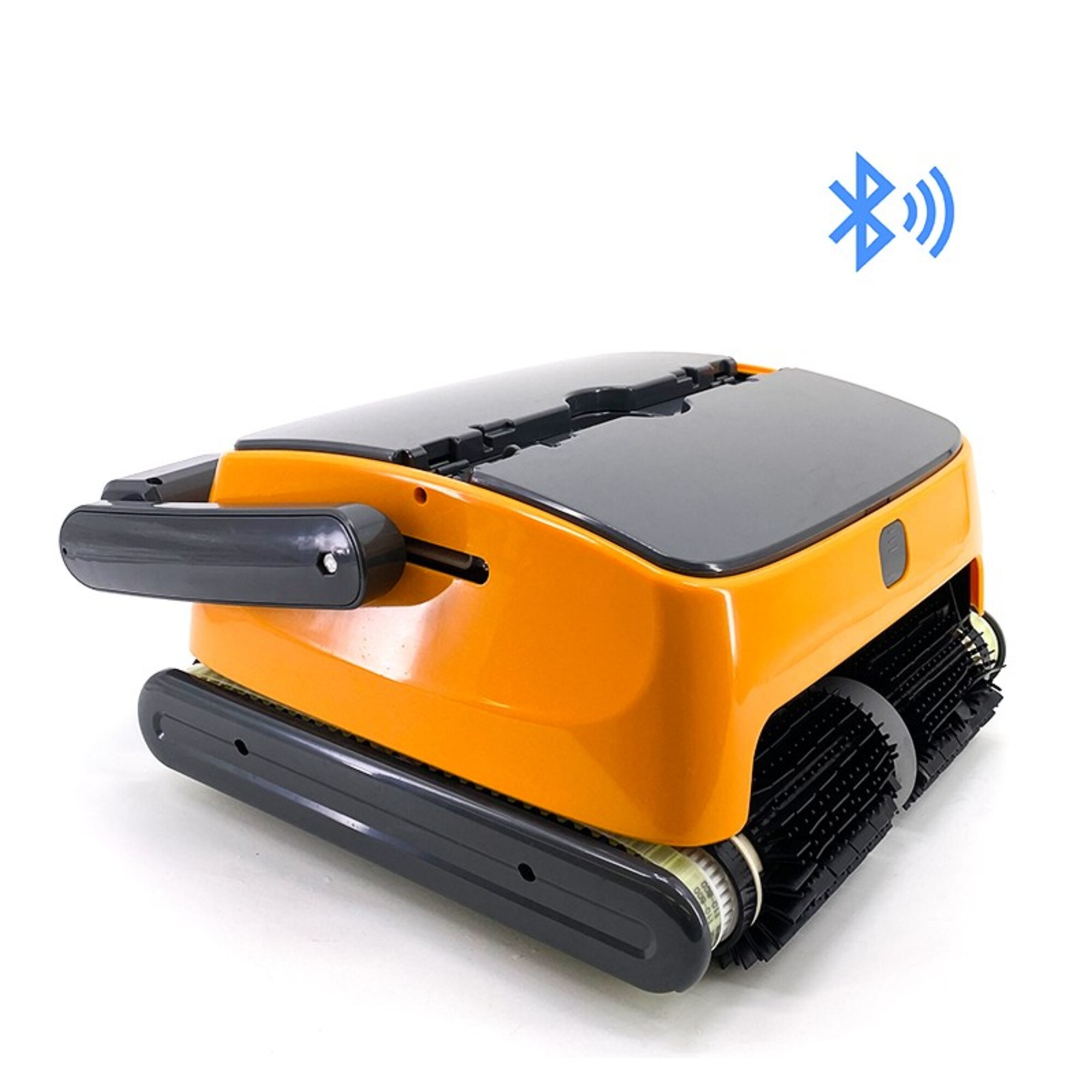 Limpiador de piscina robótico naranja y gris con símbolo de Bluetooth. Tiene un asa y cepillos.