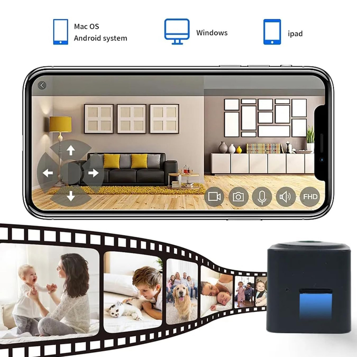 Ein Smartphone zeigt eine Ansicht einer Heimsicherheitskamera. Symbole für Mac OS, Windows und iPad sind ebenfalls vorhanden.