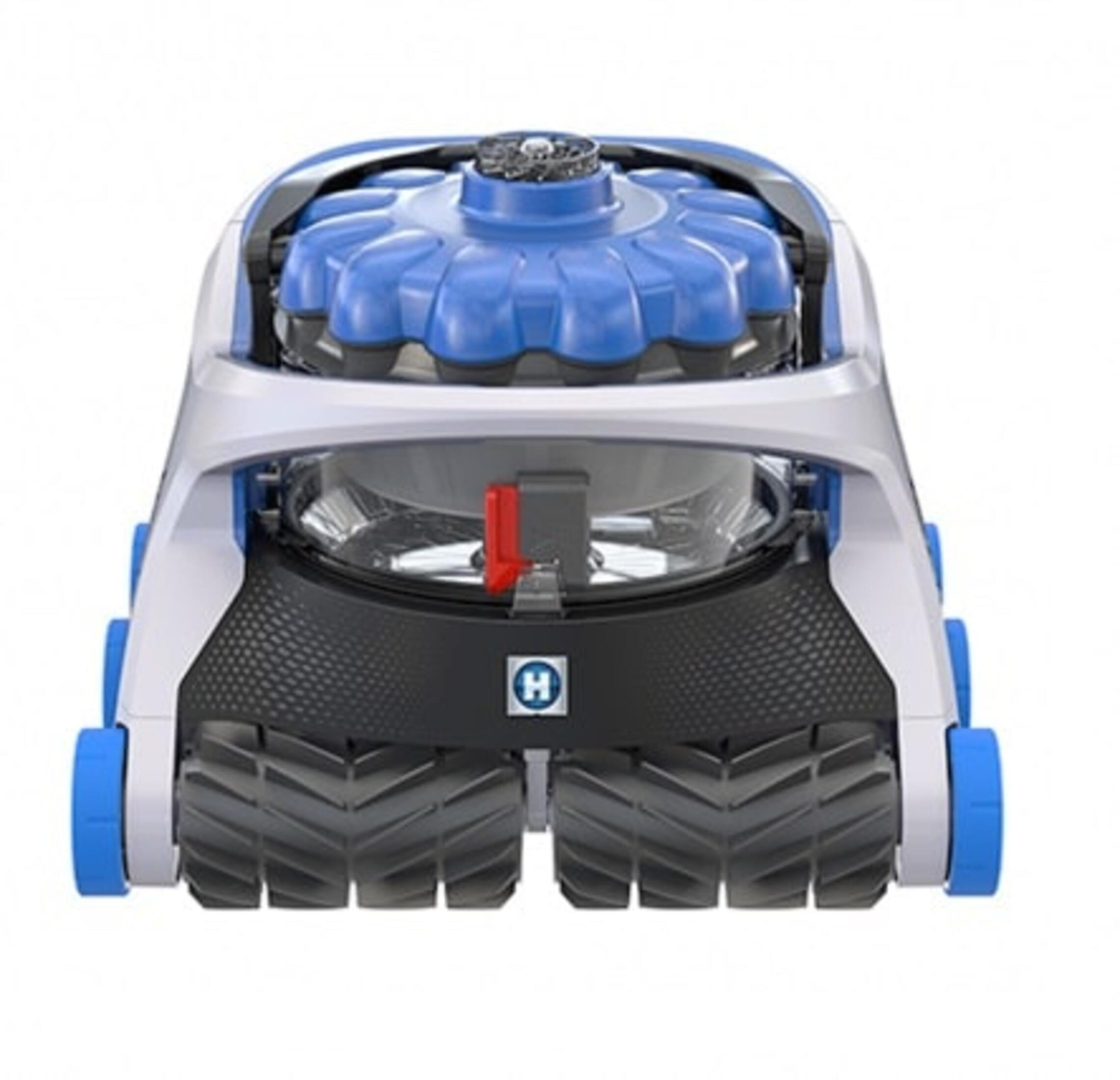 Un robot limpiador de piscinas blanco y azul con tapa azul y orugas negras.