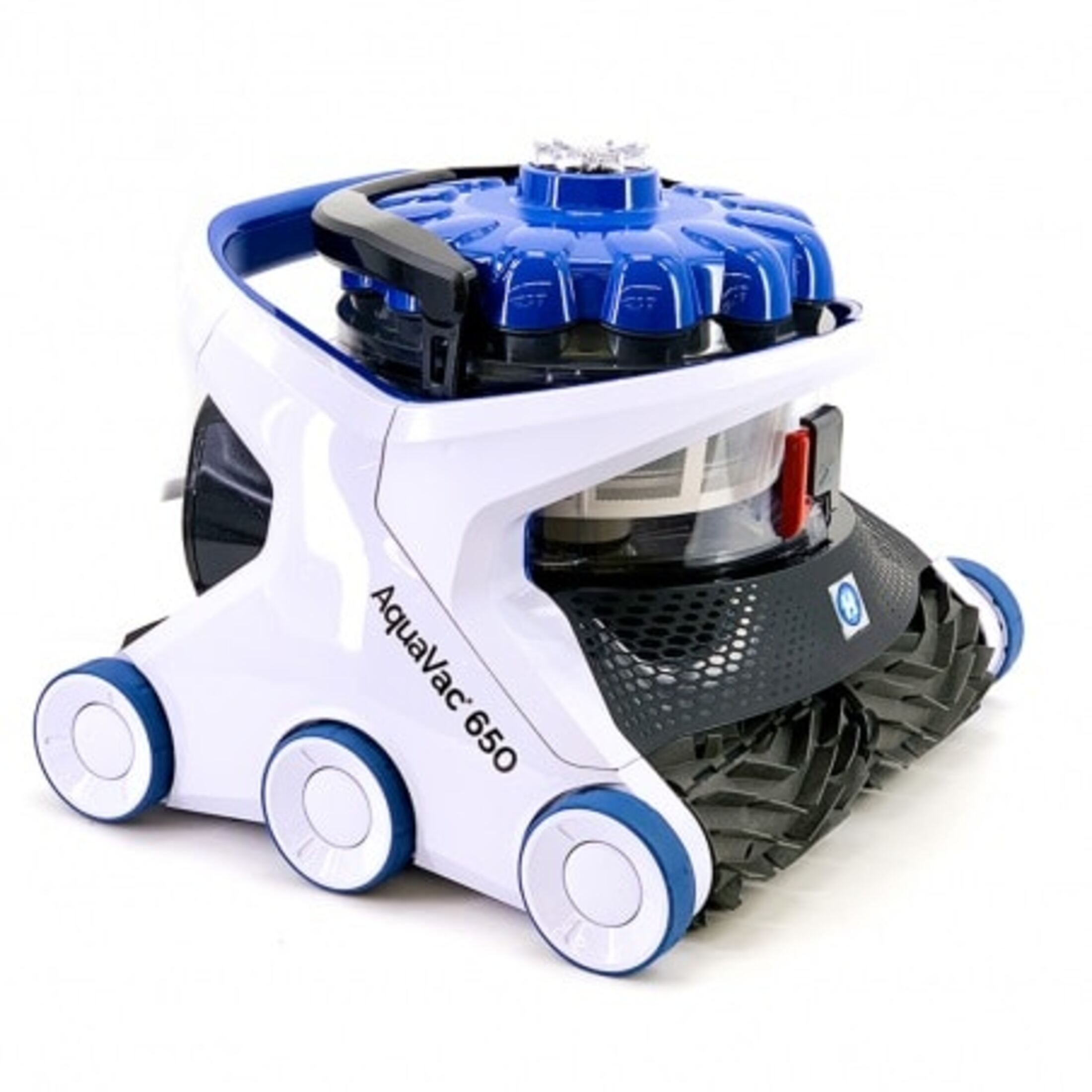Robot limpiador de piscinas blanco y azul. Tiene un cepillo y la etiqueta "AquaVac 650".