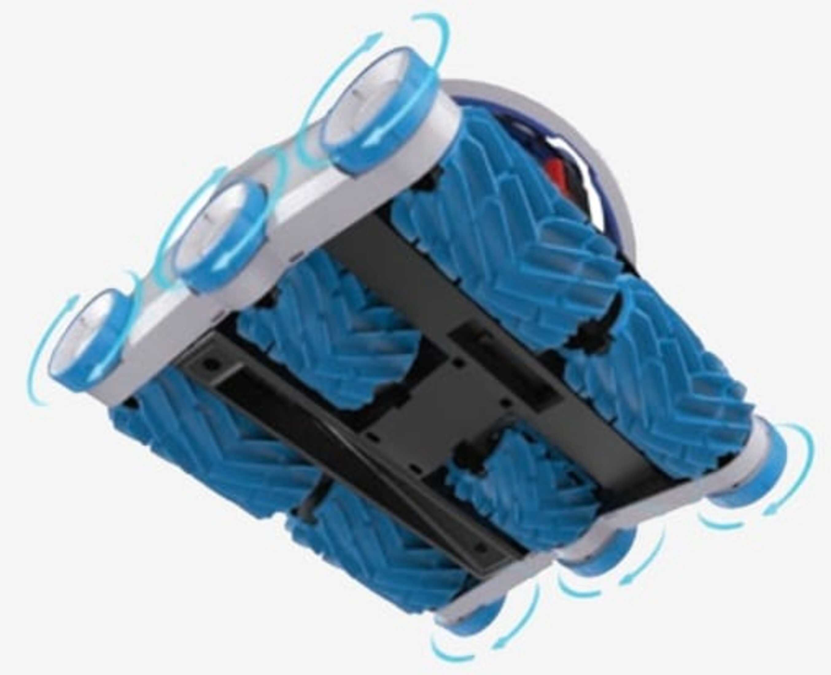 Primer plano de las ruedas de un robot limpiador de piscinas. Las ruedas son blancas y azules.