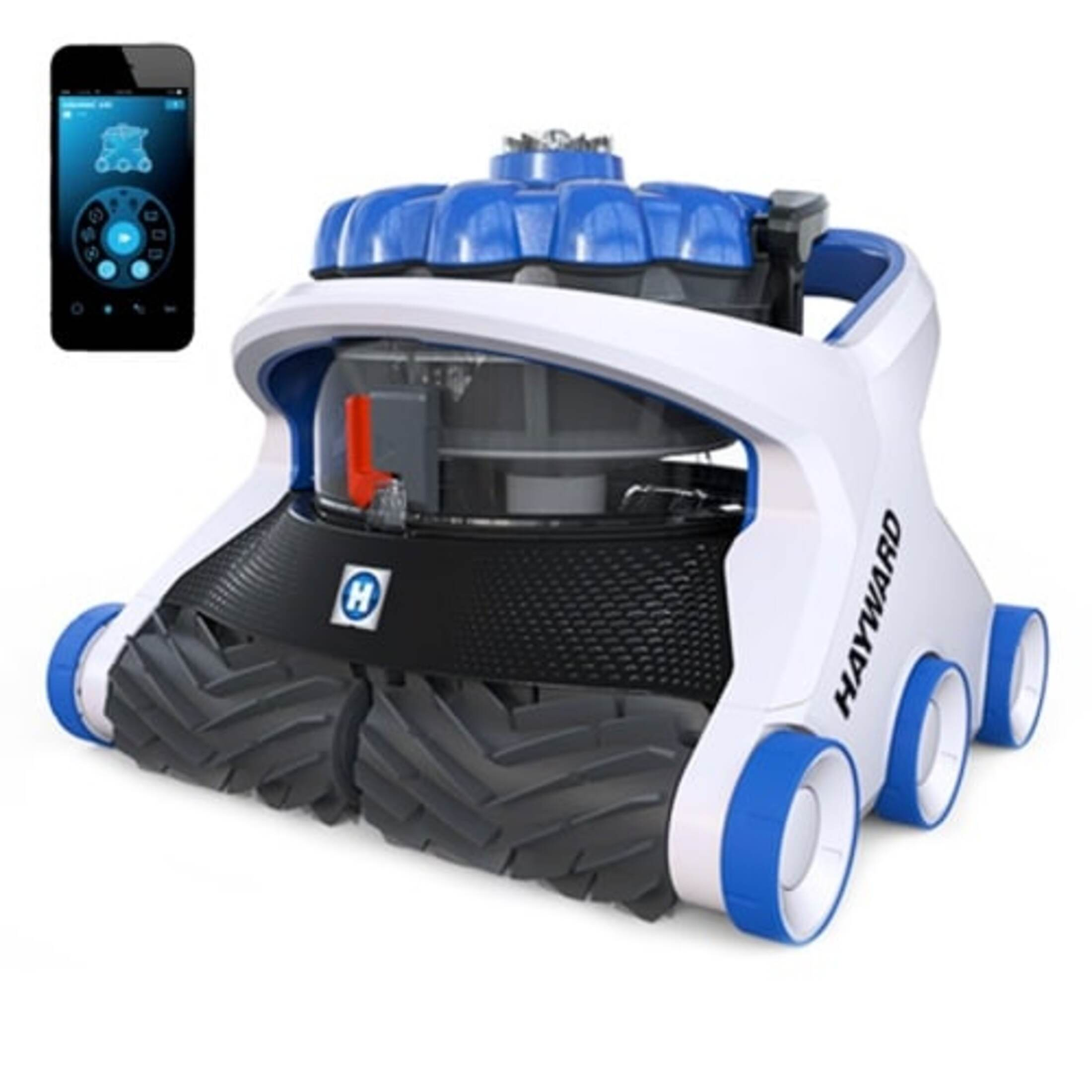 Un robot limpiador de piscinas blanco y azul con un teléfono inteligente que muestra los controles.