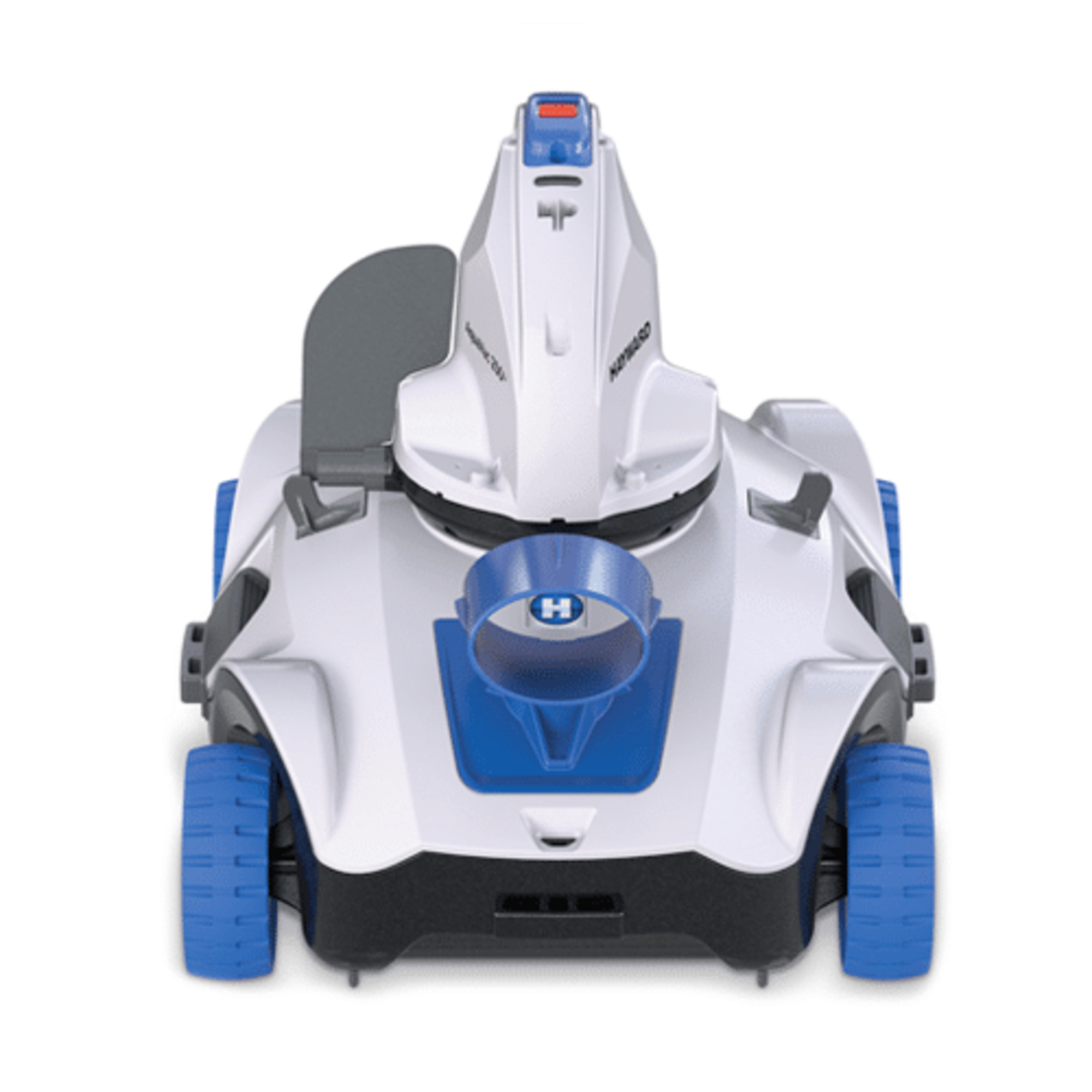 Un robot limpiador de piscinas blanco y azul con torre central blanca y ruedas azules.