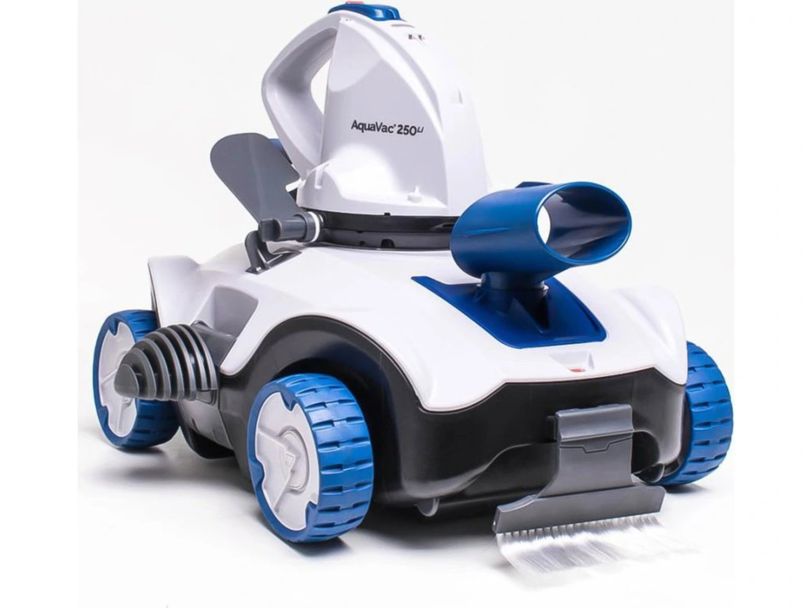 Un robot limpiador de piscinas blanco y azul con asa central y cepillo.