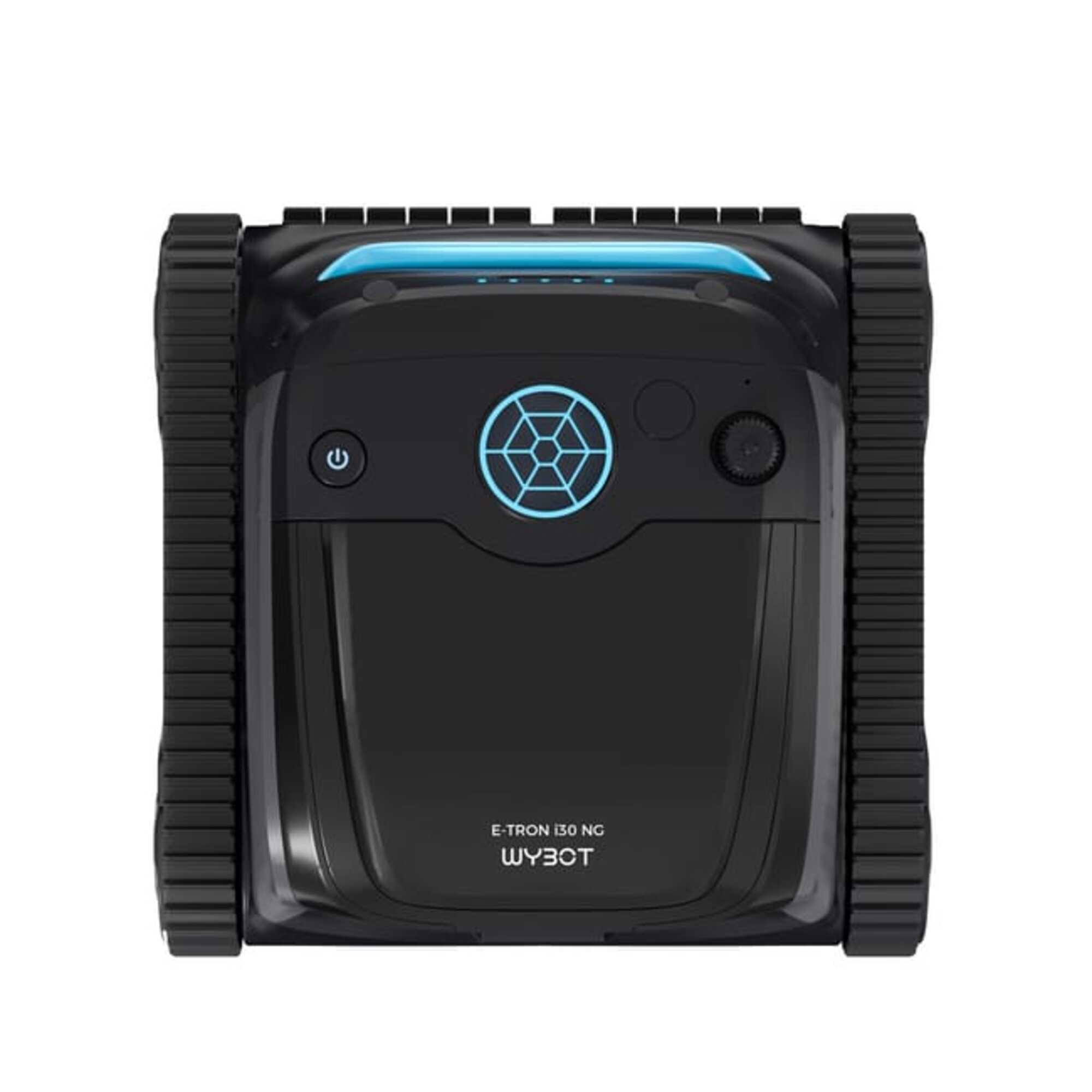 Vista superior de un limpiador de piscina negro con el texto 'E-TRON 130 NG WYBOT' y luces azules.