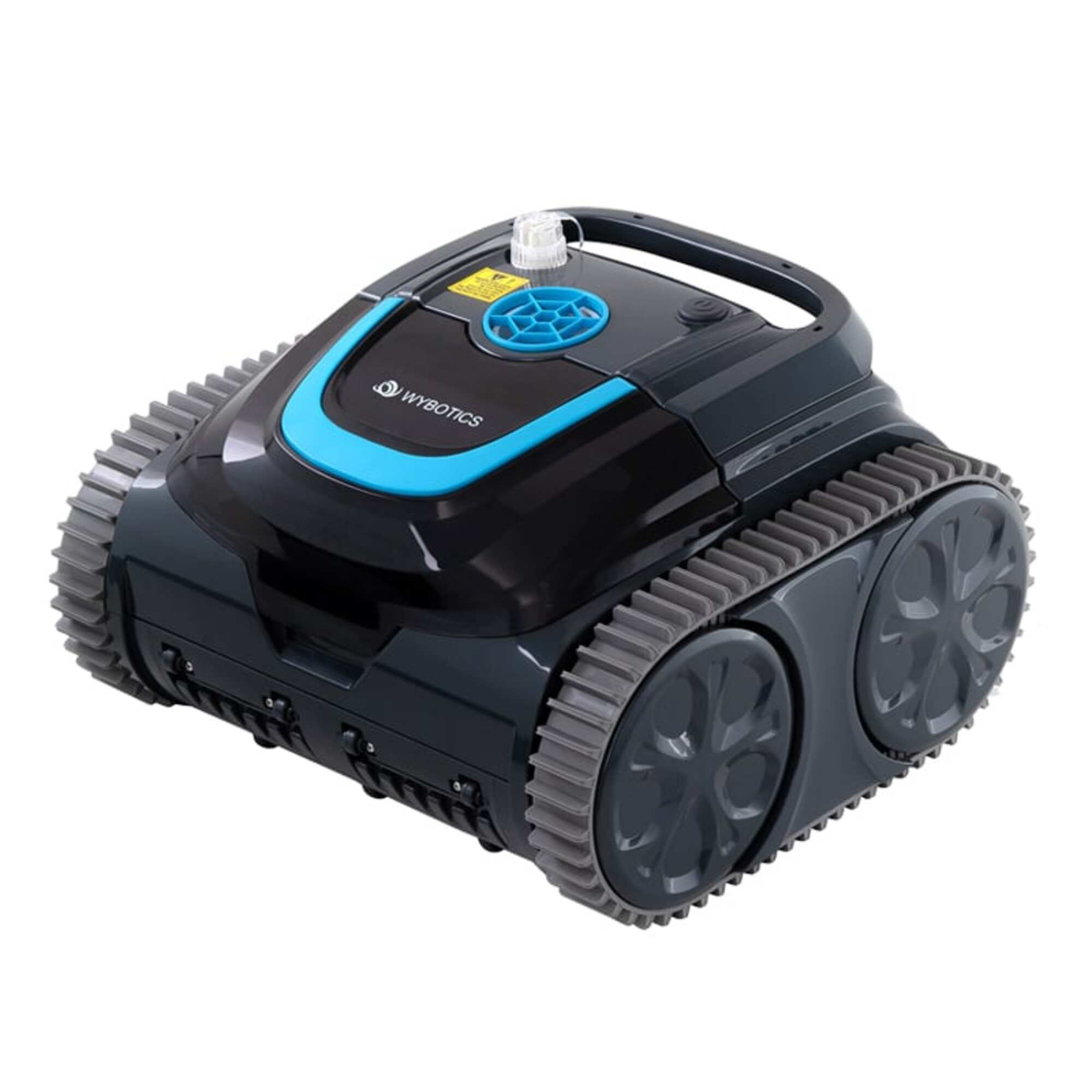 Limpiador de piscina negro con ruedas grises, parte superior azul y el texto 'WYBOTICS'. Está sobre un fondo blanco.
