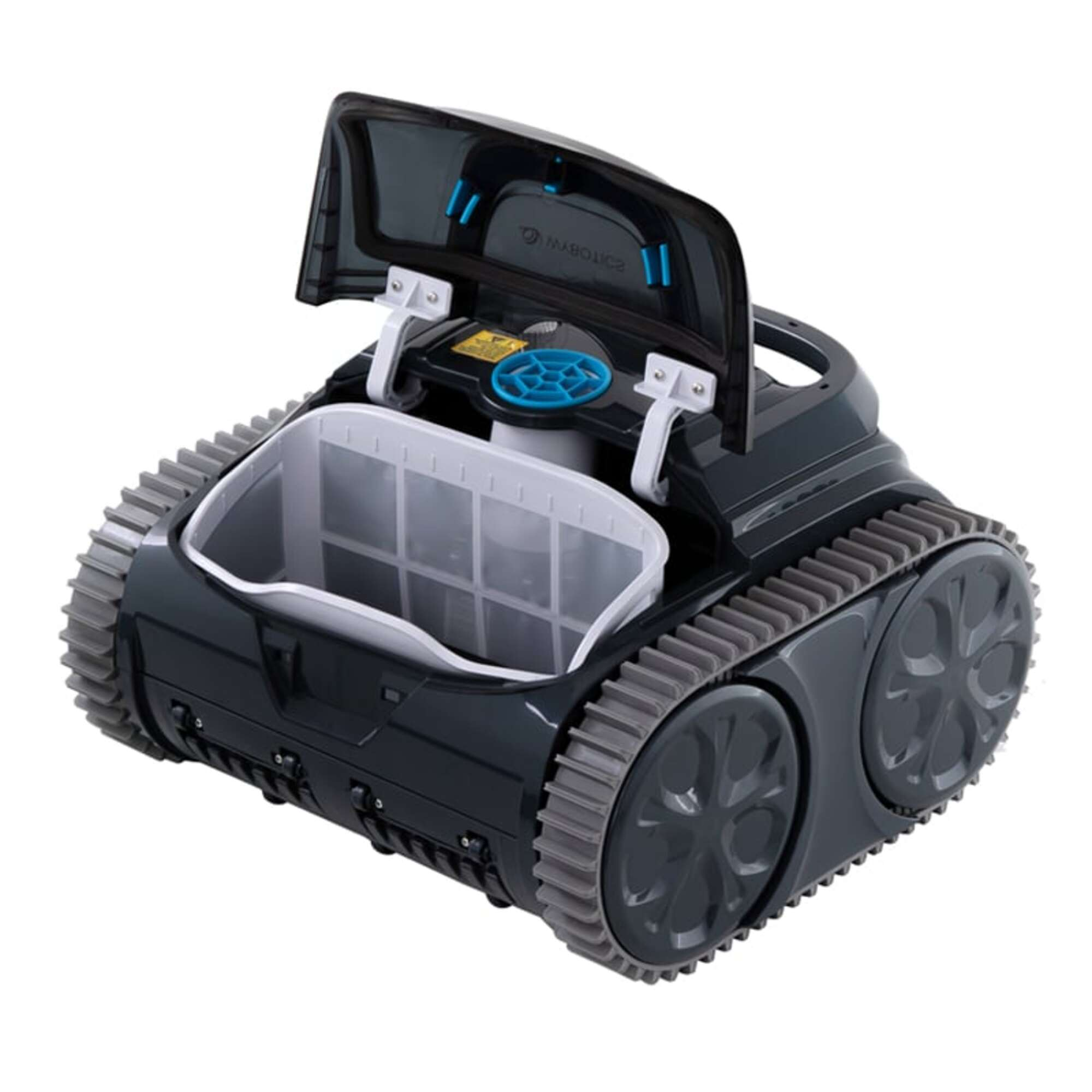 Un robot limpiador de piscinas gris oscuro con la tapa abierta, revelando una cesta filtrante.