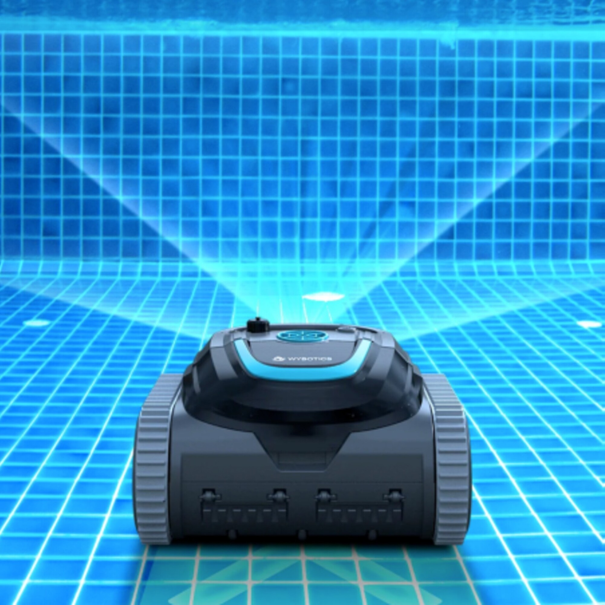 Un robot limpiador de piscinas bajo el agua azul, con rayos de luz brillando a través.
