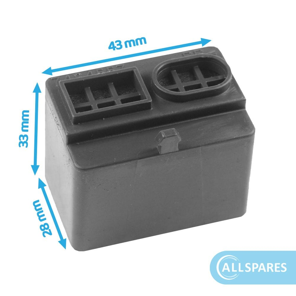 Eine schwarze Kunststoffbox mit den angegebenen Abmessungen: 43 mm lang, 33 mm hoch und 28 mm breit. Der Text 'ALLSPARE' ist sichtbar.