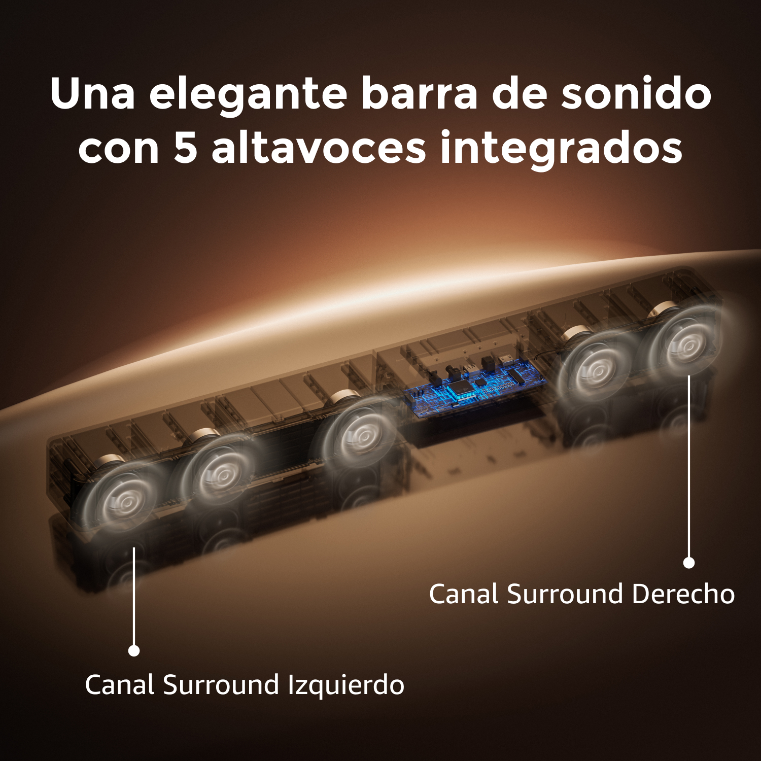 Una barra de sonido iluminada con 5 altavoces integrados, con etiquetas. Fondo: marrón oscuro con texto blanco.