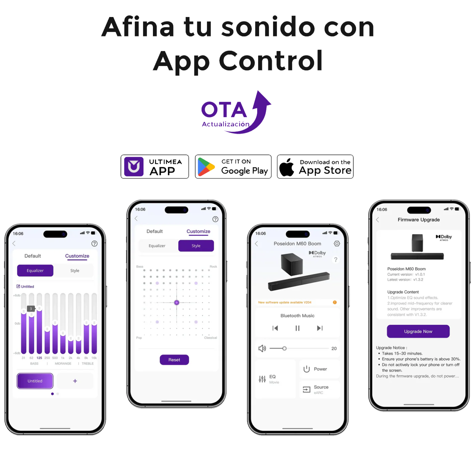 Cuatro pantallas de teléfono que muestran una interfaz de aplicación. Texto: Afina tu sonido con App Control. Logos visibles.
