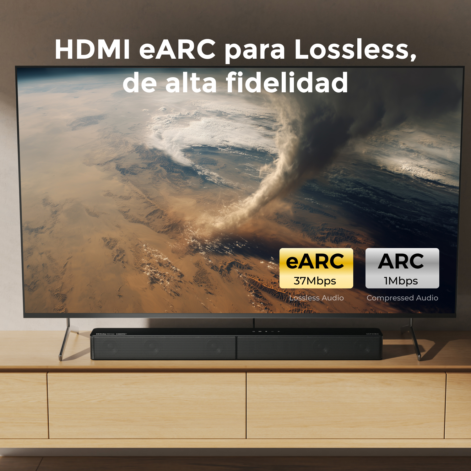 TV con escena de paisaje con etiquetas HDMI eARC y ARC. Barra de sonido abajo. Texto: HDMI eARC para Lossless, de alta fidelidad.