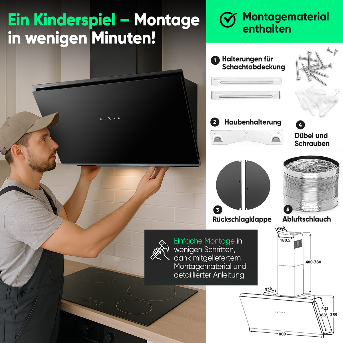 Ein Mann installiert eine schwarze Dunstabzugshaube. Anweisungen und Teile sind sichtbar. Text: 'Einfache Montage in wenigen Minuten'.