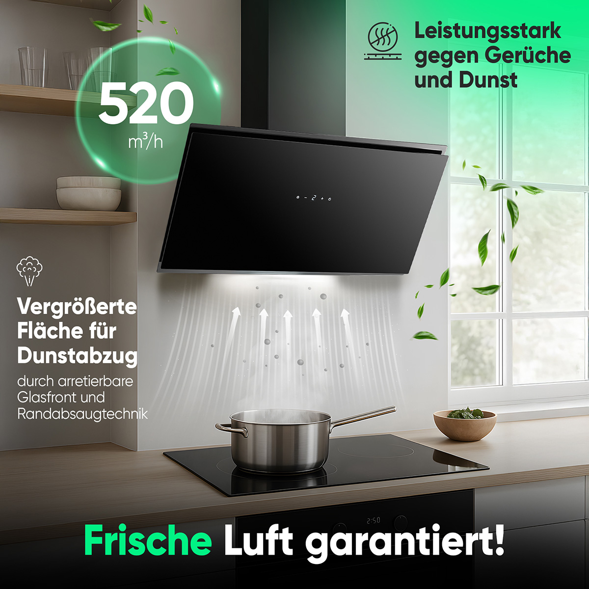 Eine Küchenszene mit einer schwarzen Dunstabzugshaube, einem Topf auf dem Herd und Text über frische Luft.