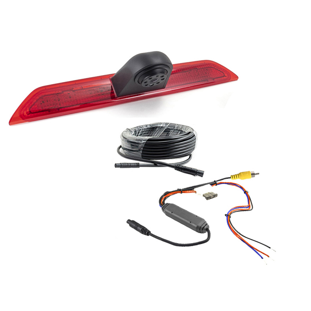 Ein Rückfahrkamera-Kit für ein Fahrzeug, einschließlich Kamera, Kabel und Anschlüsse.